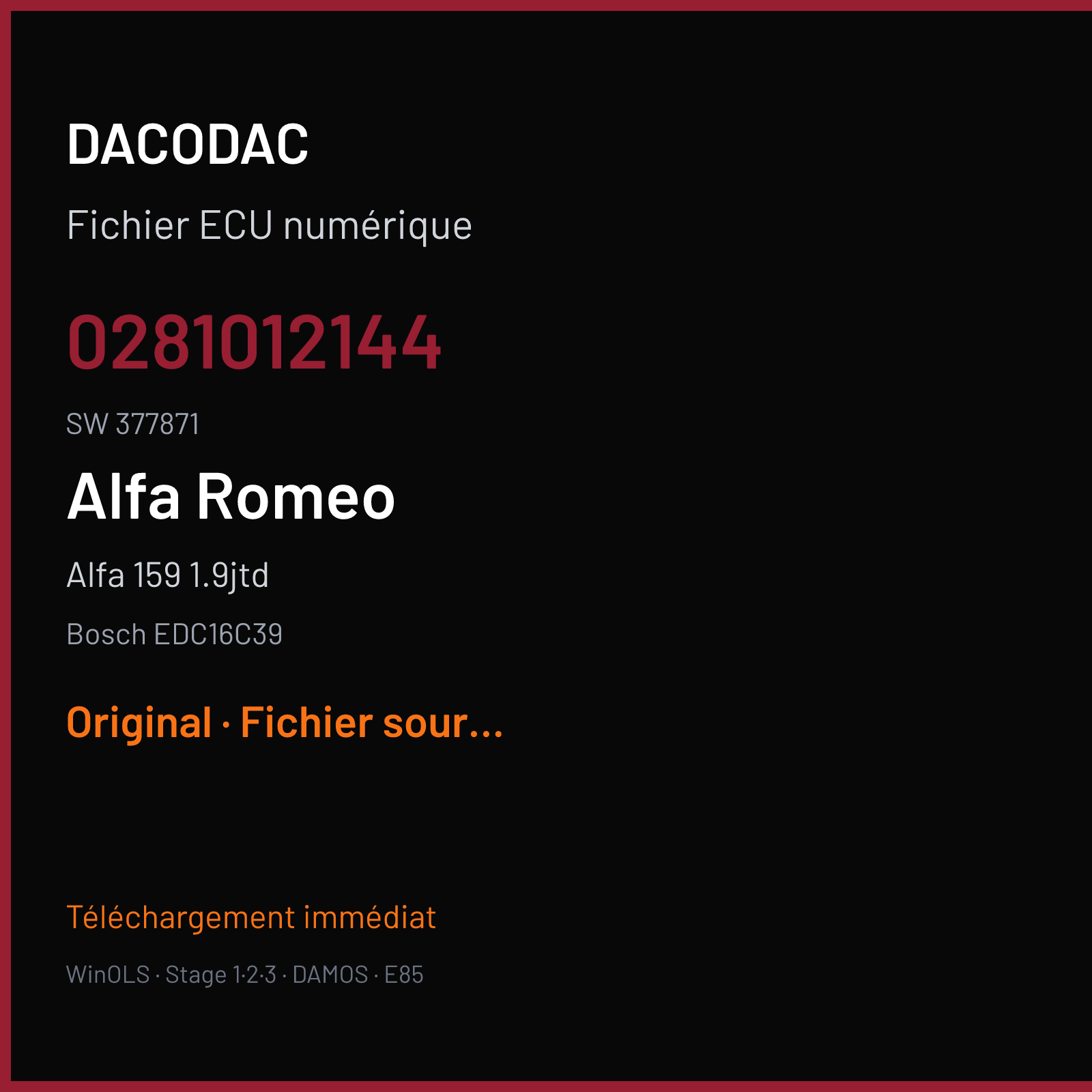 Alfa 159 1.9jtd (2006) — Bosch EDC16C39 — 0281012144 · 377871 — Original