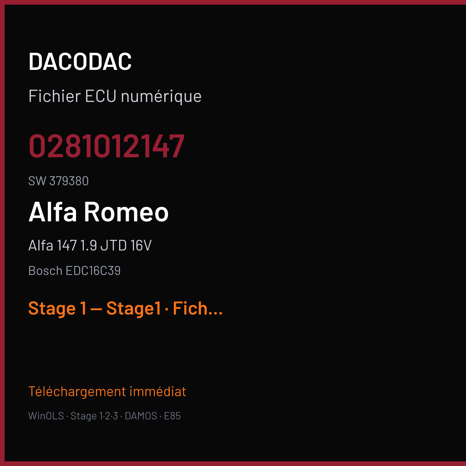 Alfa 147 1.9 JTD 16V (2007) — Bosch EDC16C39 — 0281012147 · 379380 — Stage 1 — Stage1