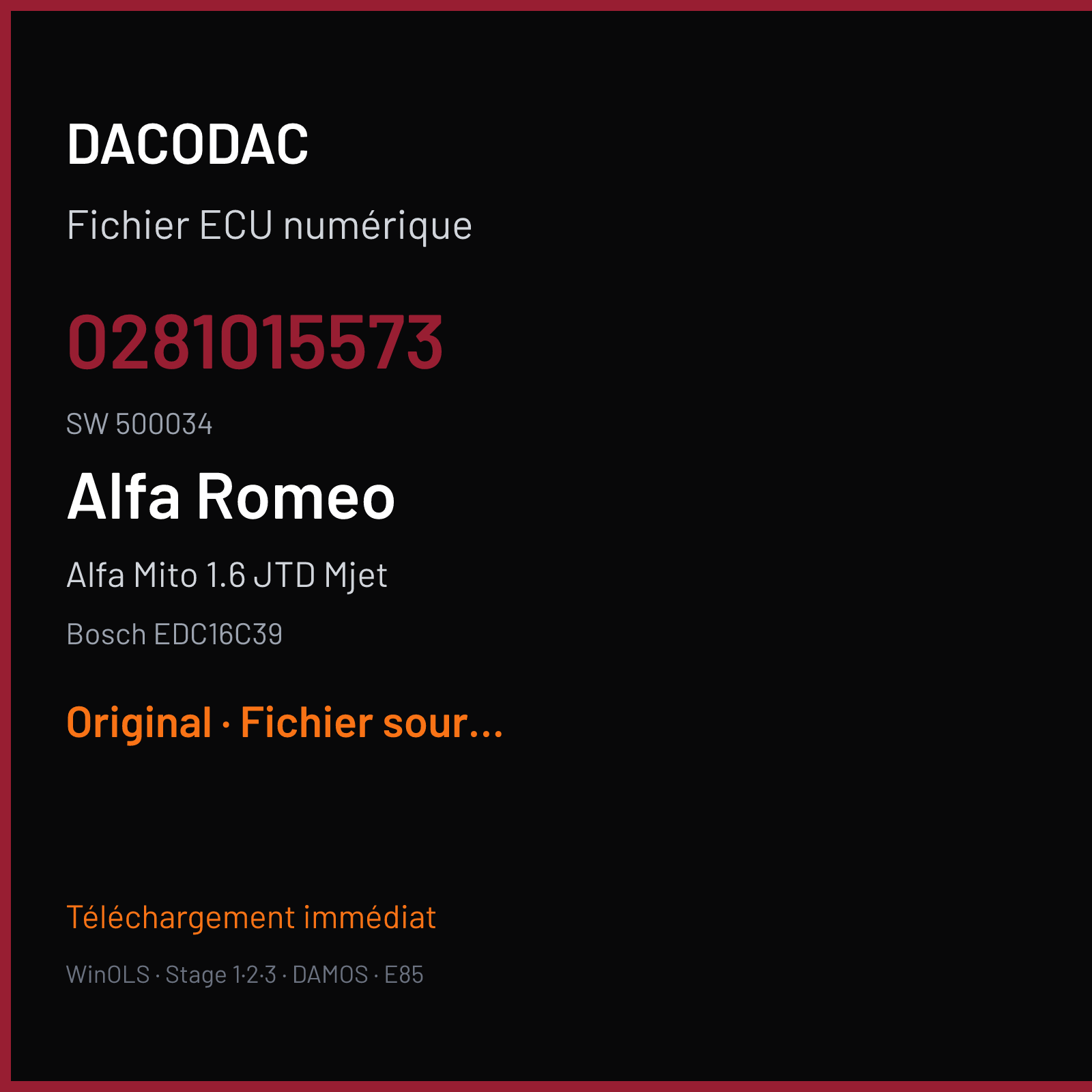 Alfa Mito 1.6 JTD Mjet (2009) — Bosch EDC16C39 — 0281015573 · 500034 — Original