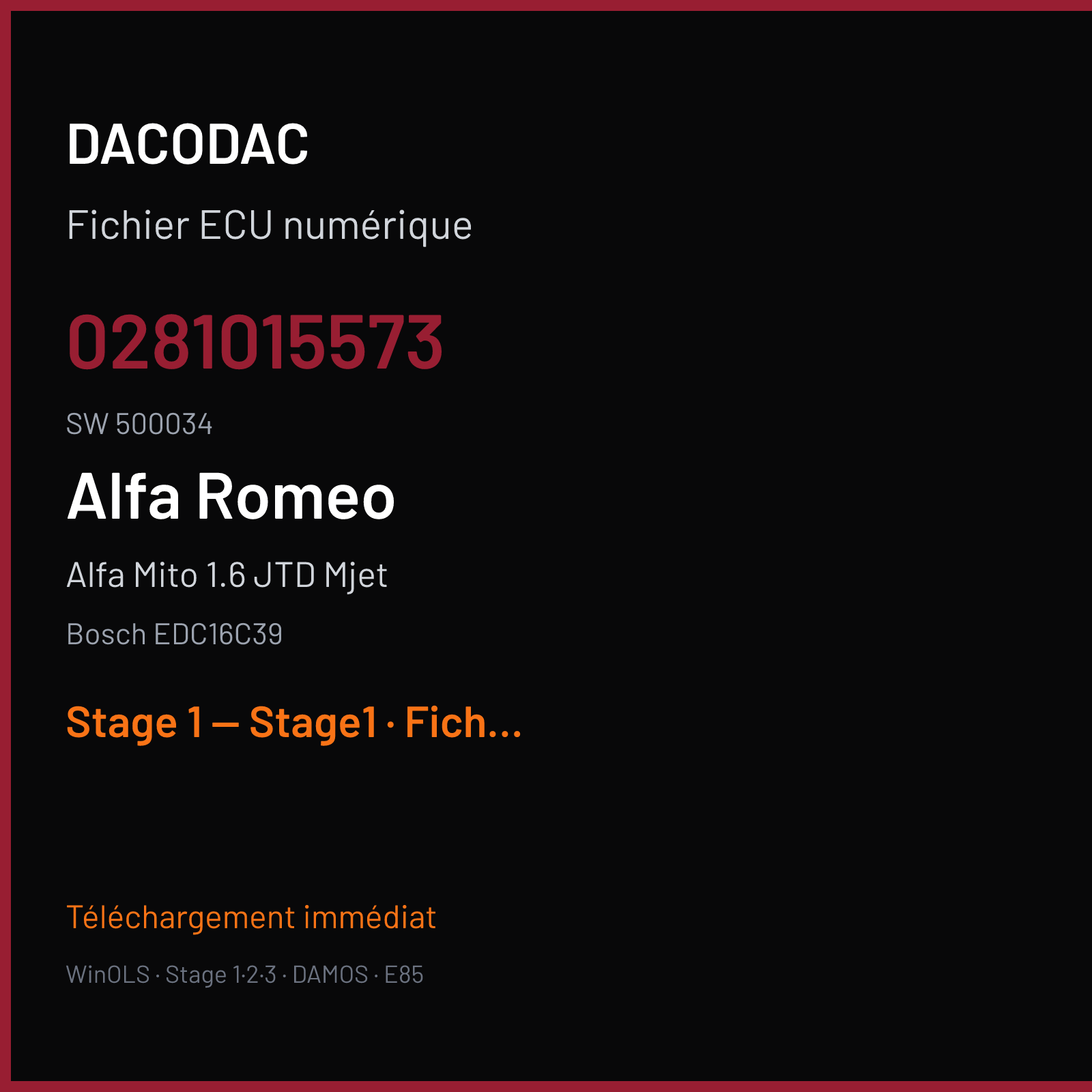 Alfa Mito 1.6 JTD Mjet (2009) — Bosch EDC16C39 — 0281015573 · 500034 — Stage 1 — Stage1