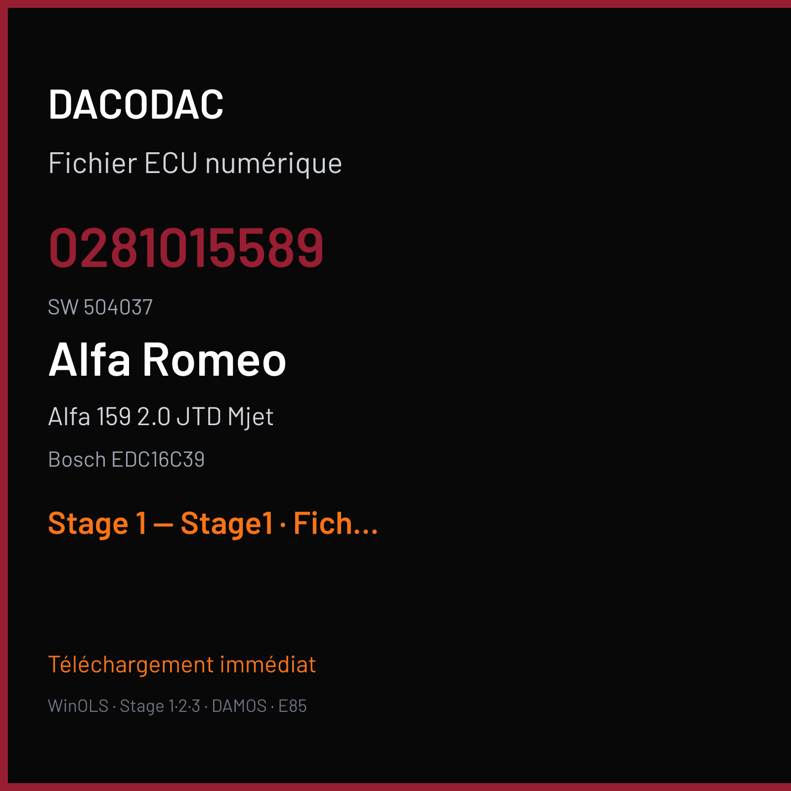 Alfa 159 2.0 JTD Mjet (2009) — Bosch EDC16C39 — 0281015589 · 504037 — Stage 1 — Stage1
