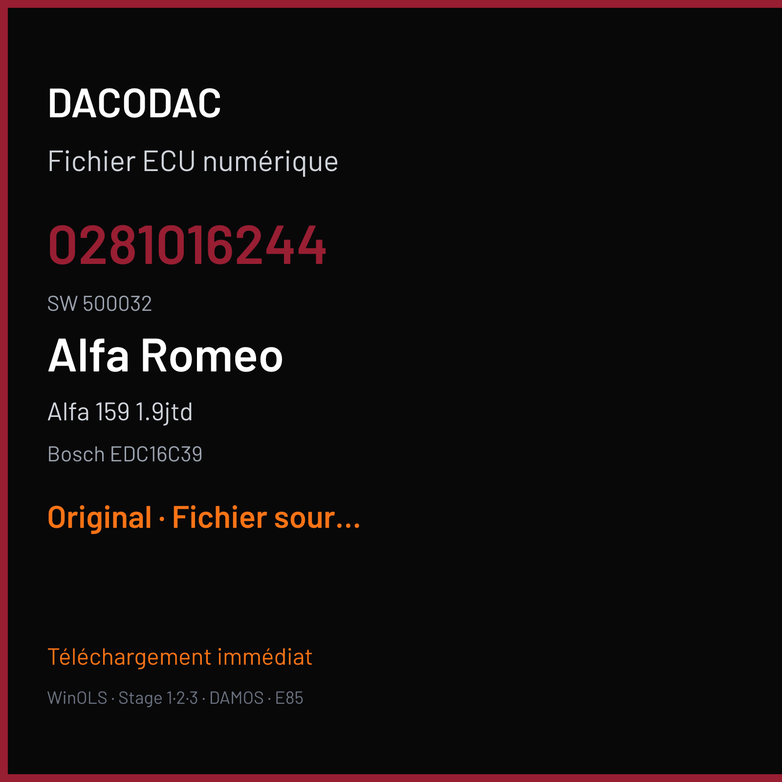 Alfa 159 1.9jtd (2010) — Bosch EDC16C39 — 0281016244 · 500032 — Original