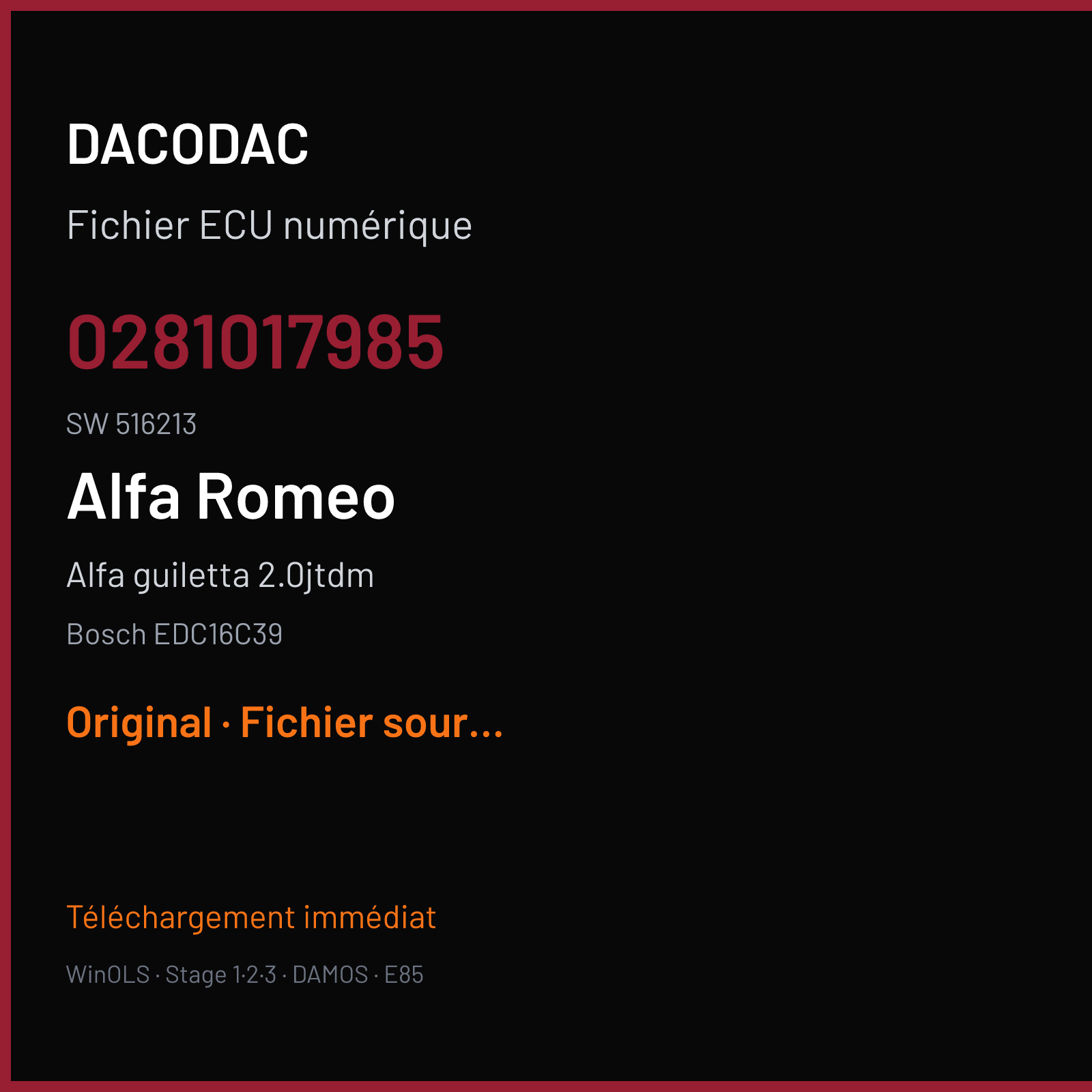 Alfa guiletta 2.0jtdm (2011) — Bosch EDC16C39 — 0281017985 · 516213 — Original