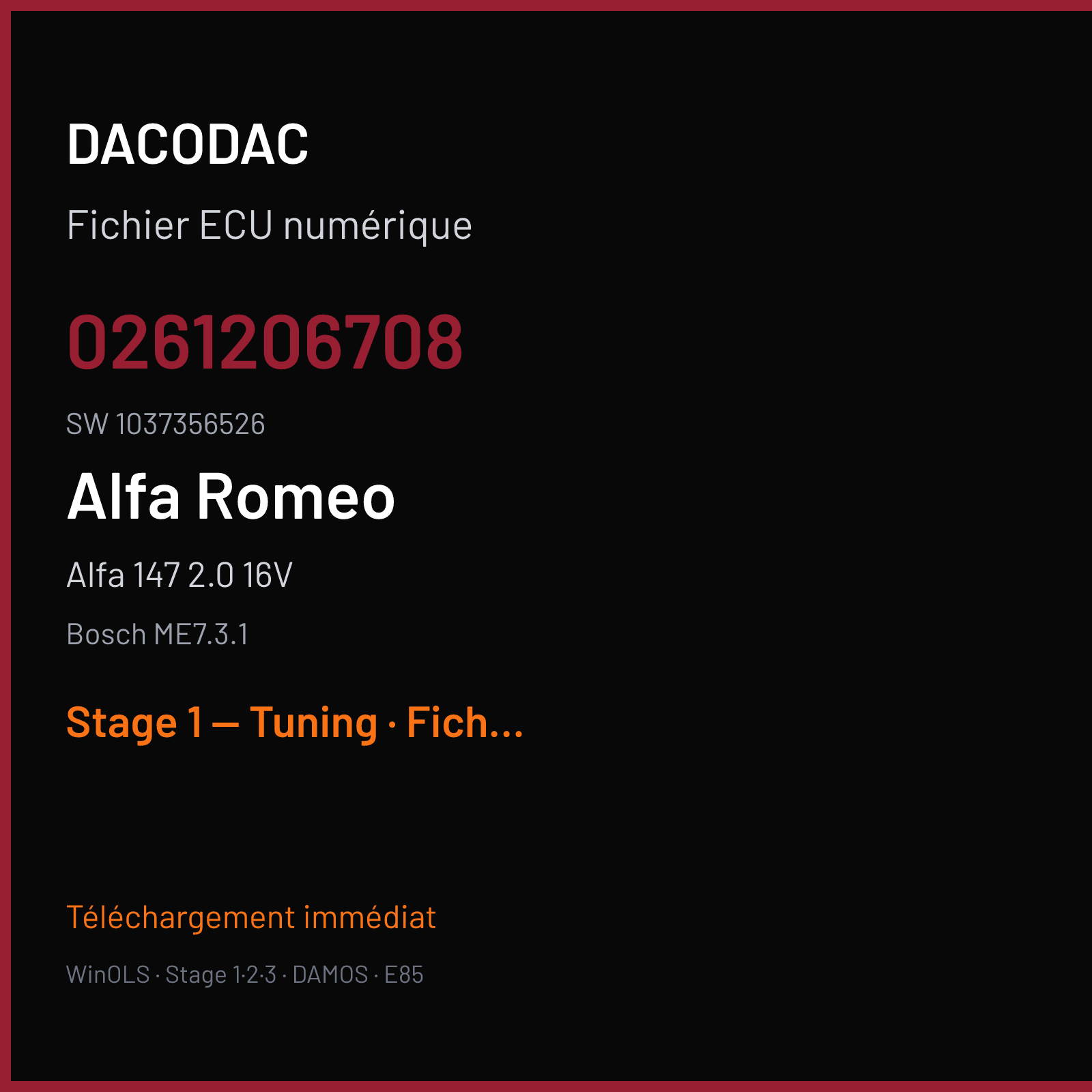 Alfa 147 2.0 16V (2001) — Bosch ME7.3.1 — 0261206708 · 1037356526 — Stage 1 — Tuning
