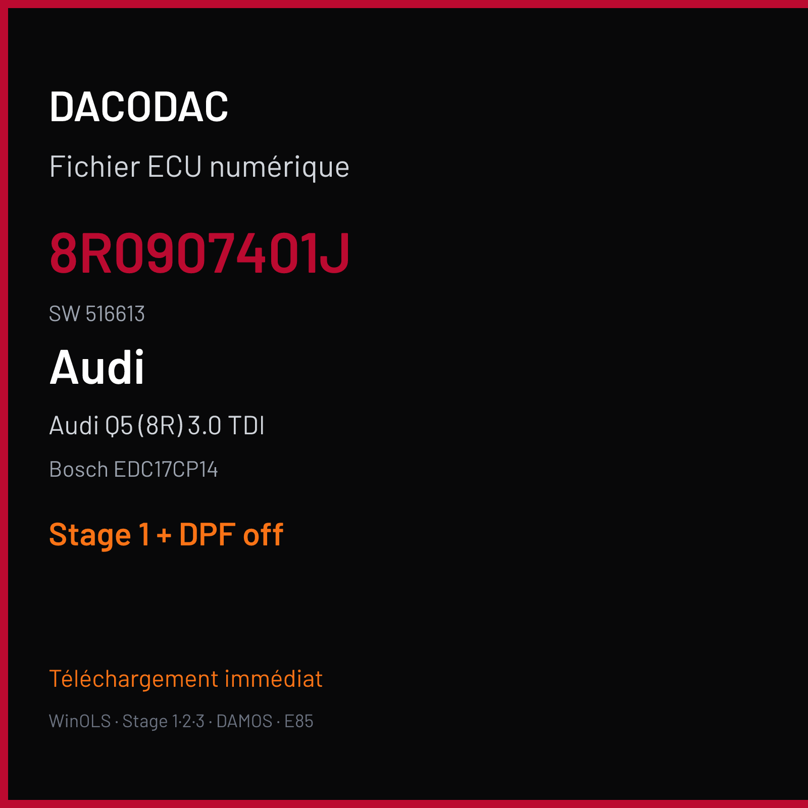 Audi Q5 (8R) 3.0 TDI — Bosch EDC17CP14 — 8R0907401J · 516613 — Stage 1 + DPF off