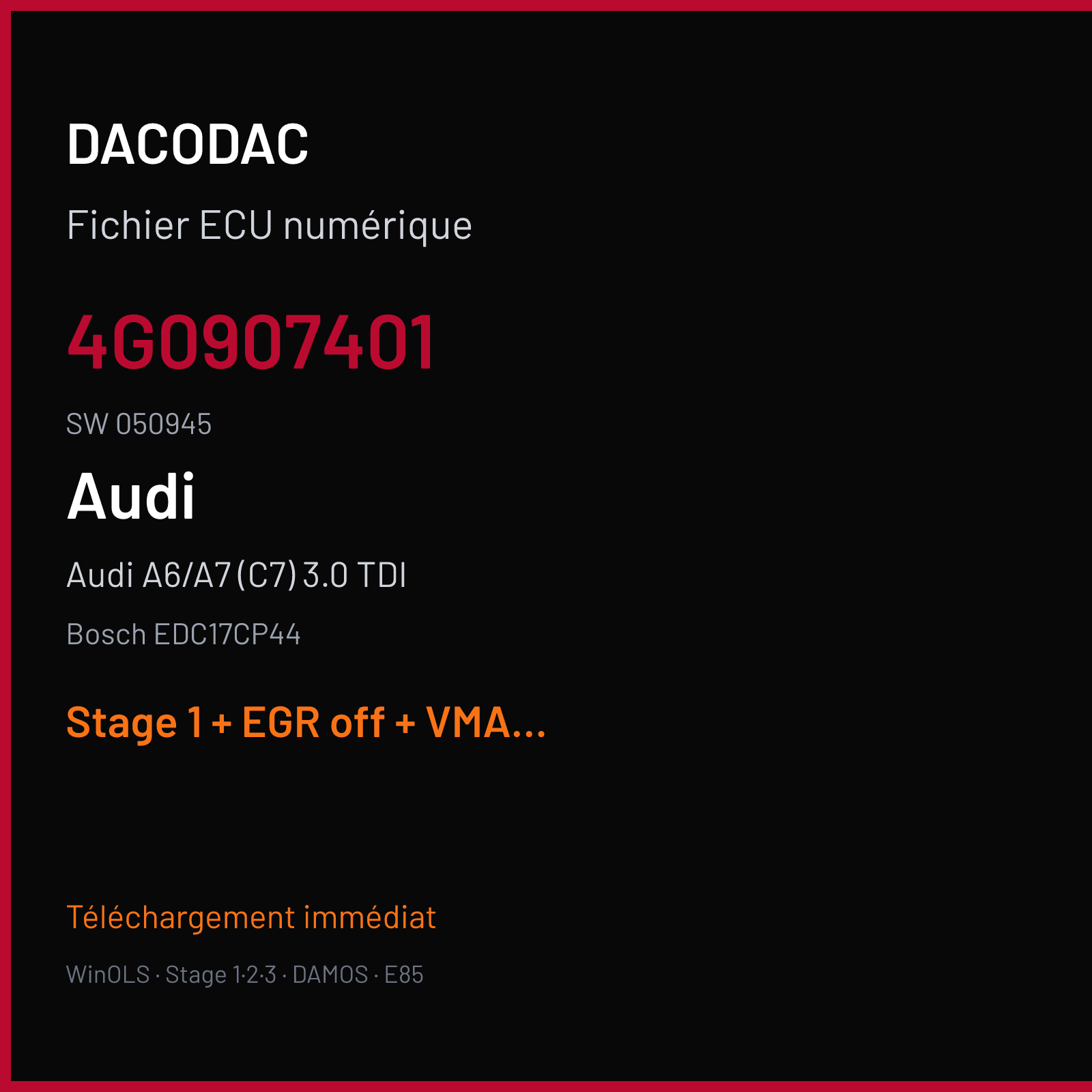 Audi A6/A7 (C7) 3.0 TDI — Bosch EDC17CP44 — 4G0907401 · 050945 — Stage 1 + EGR off + VMAX off