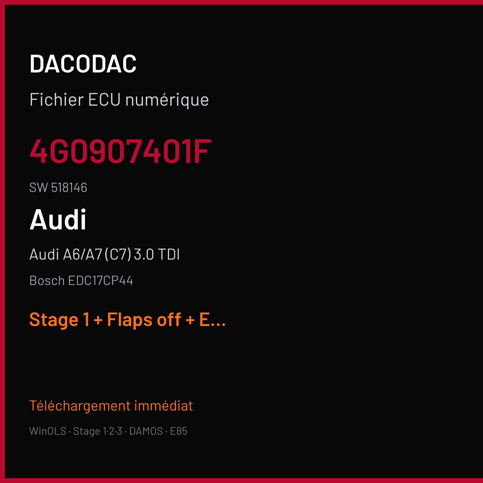 Audi A6/A7 (C7) 3.0 TDI — Bosch EDC17CP44 — 4G0907401F · 518146 — Stage 1 + Flaps off + EGR off