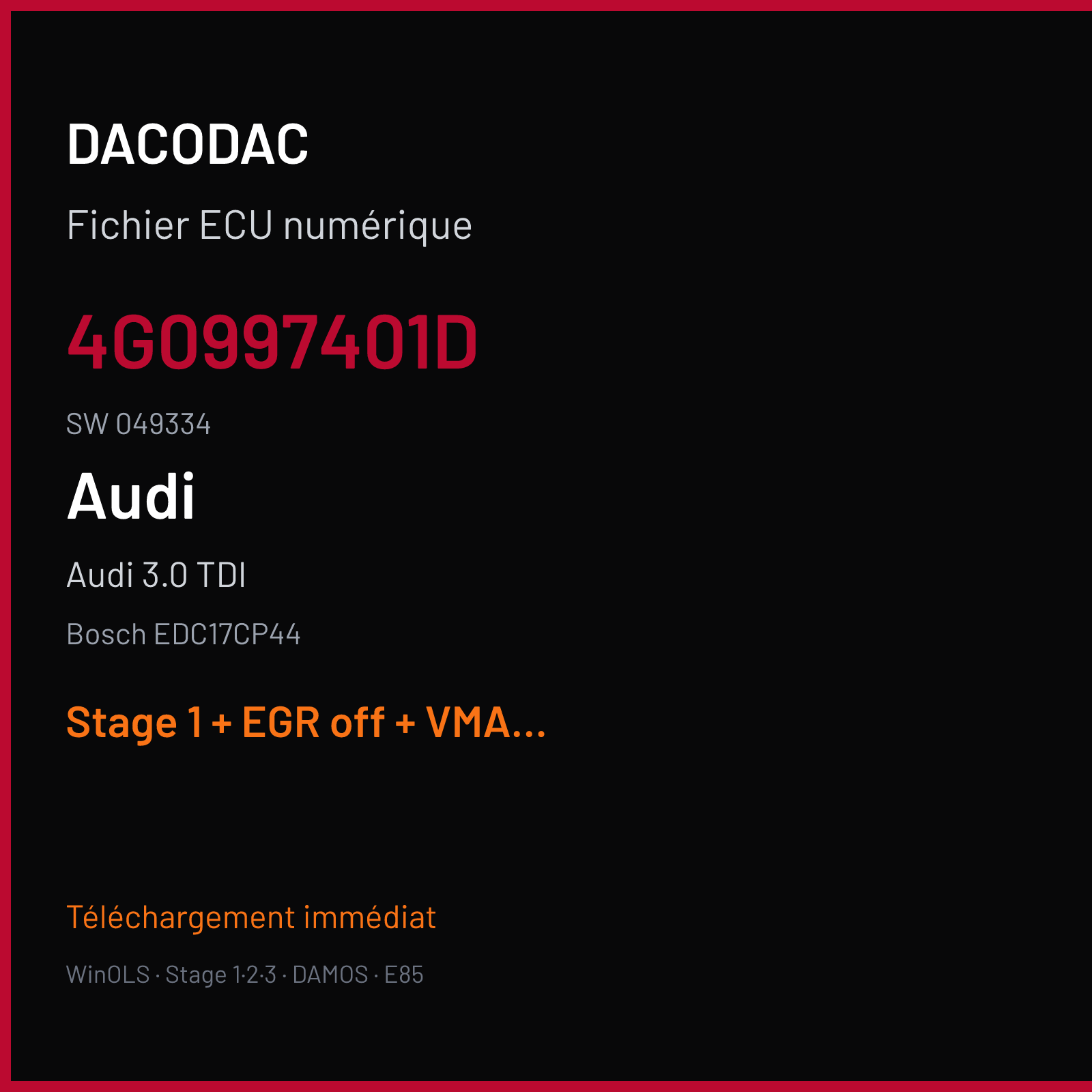 Audi 3.0 TDI — Bosch EDC17CP44 — 4G0997401D · 049334 — Stage 1 + EGR off + VMAX off