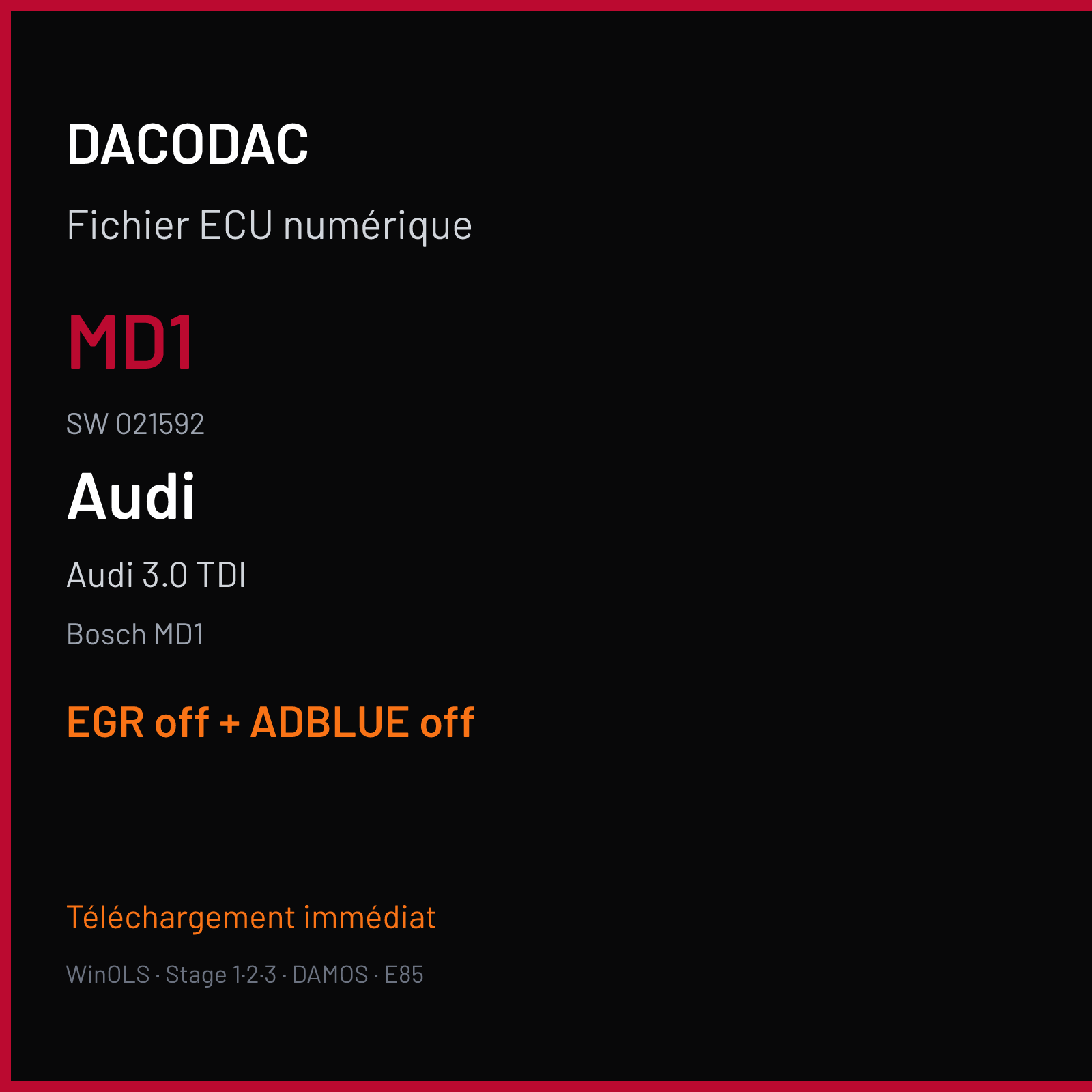 Audi 3.0 TDI — Bosch MD1 — MD1 · 021592 — EGR off + ADBLUE off