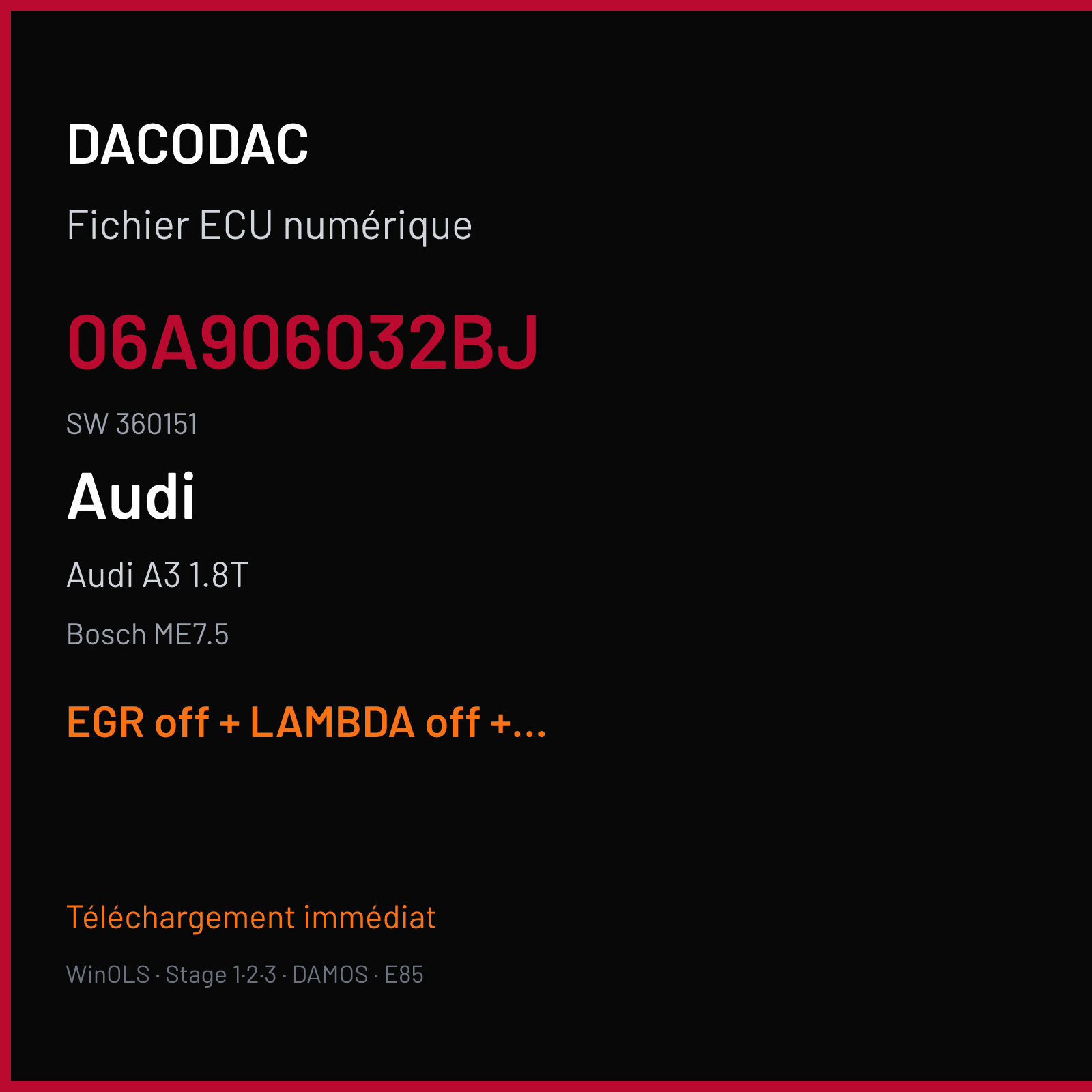 Audi A3 1.8T — Bosch ME7.5 — 06A906032BJ · 360151 — EGR off + LAMBDA off + VMAX off