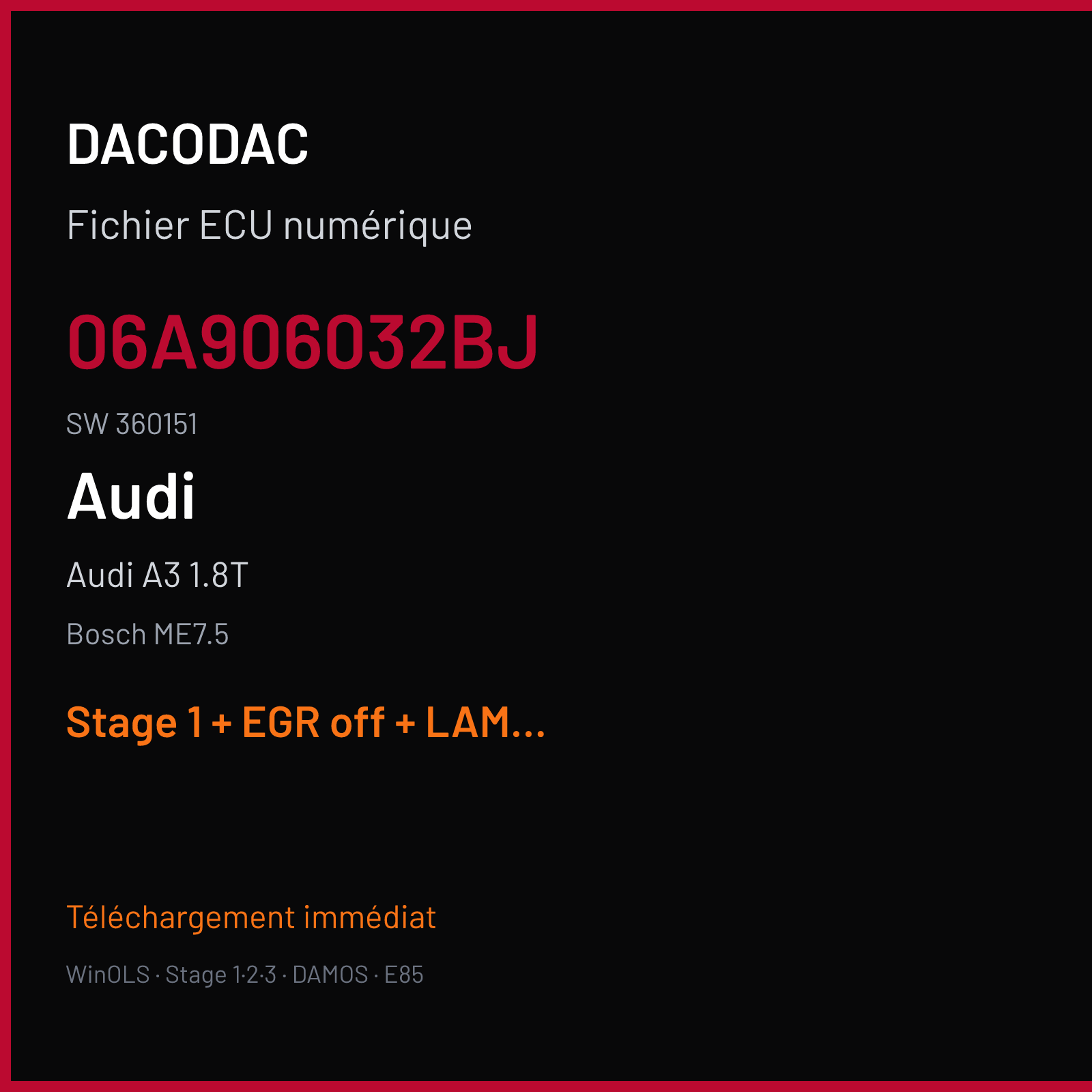 Audi A3 1.8T — Bosch ME7.5 — 06A906032BJ · 360151 — Stage 1 + EGR off + LAMBDA off + VMAX off