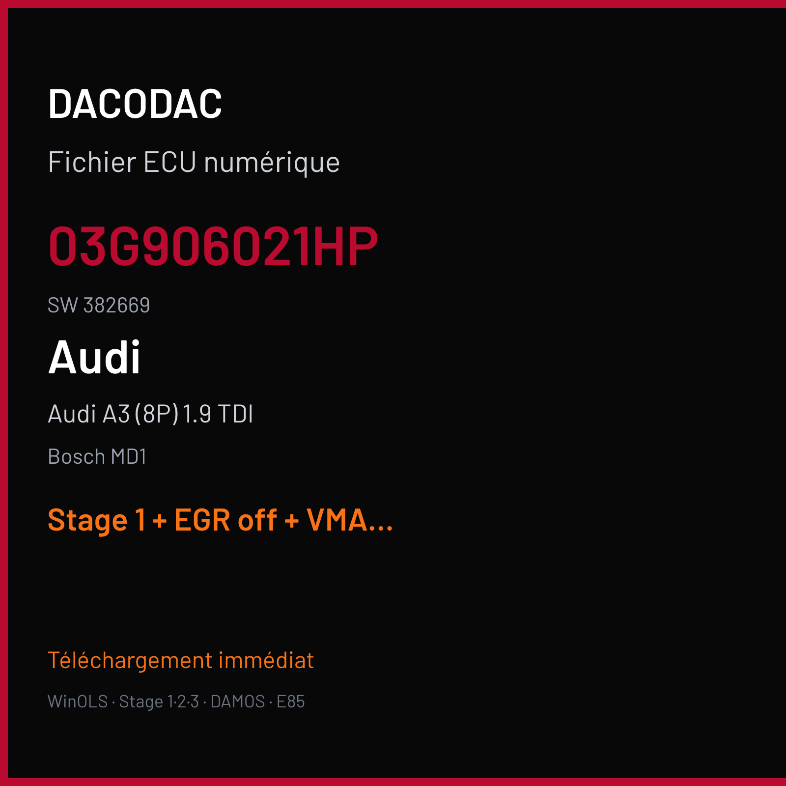 Audi A3 (8P) 1.9 TDI — Bosch MD1 — 03G906021HP · 382669 — Stage 1 + EGR off + VMAX off