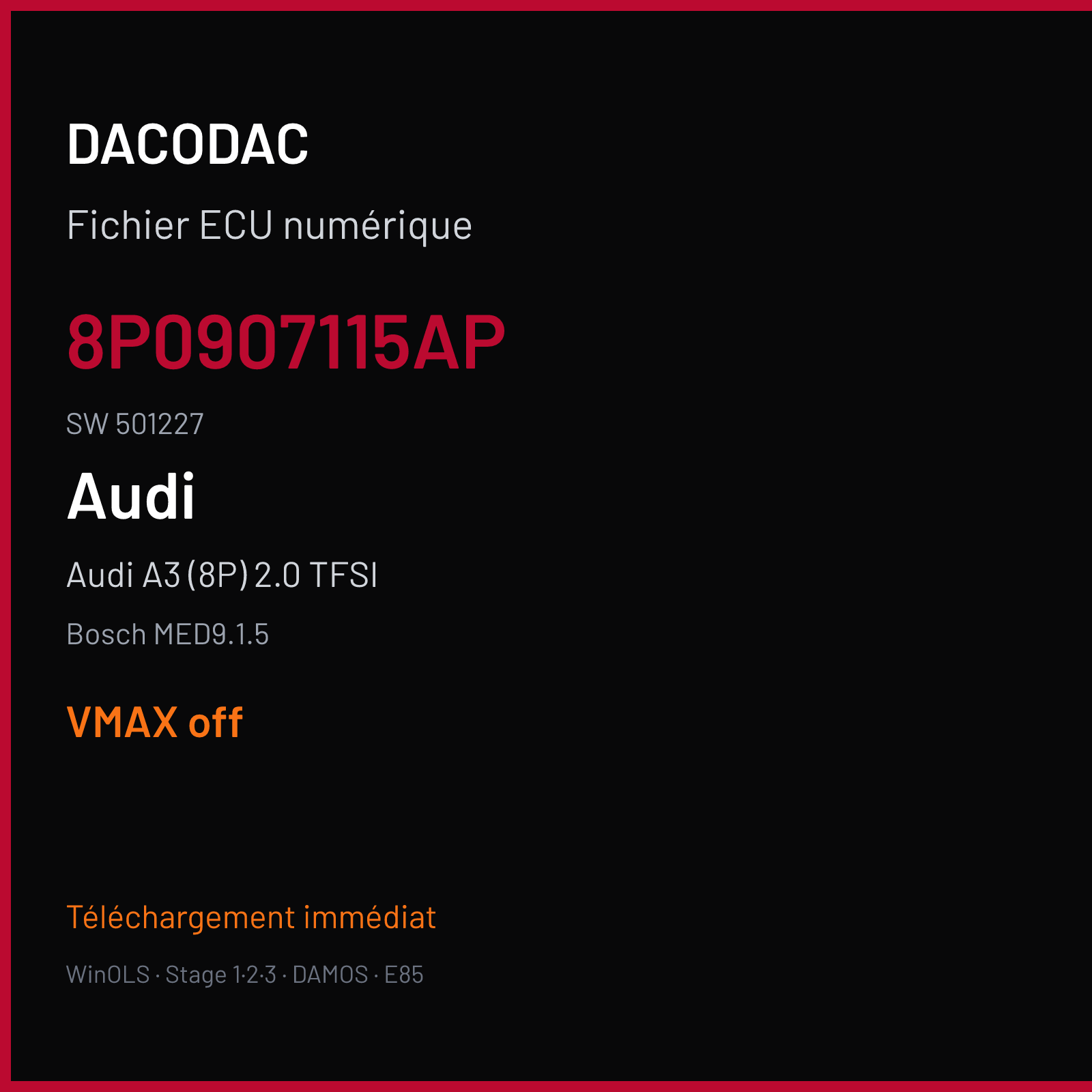 Audi A3 (8P) 2.0 TFSI — Bosch MED9.1.5 — 8P0907115AP · 501227 — VMAX off