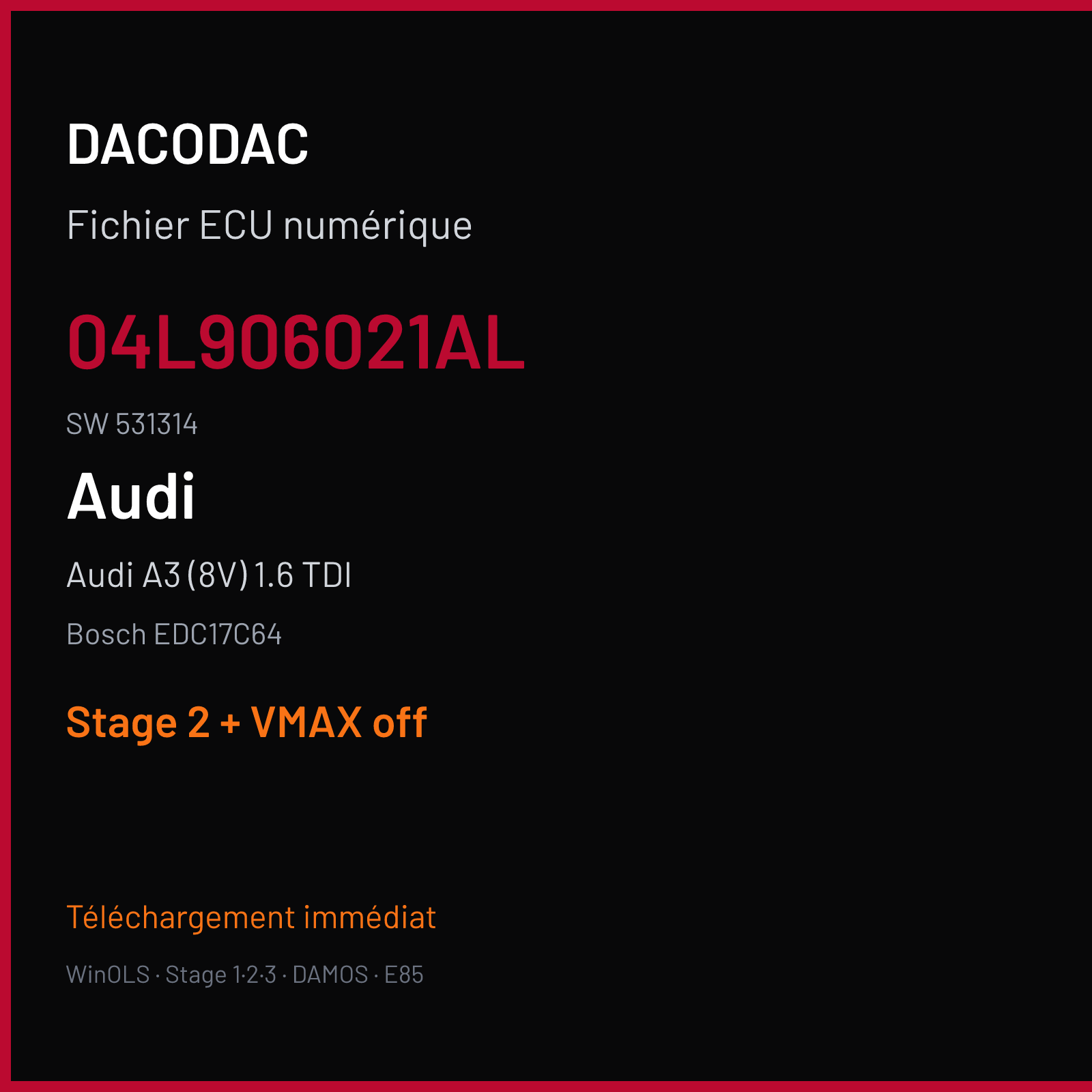 Audi A3 (8V) 1.6 TDI (2013) — Bosch EDC17C64 — 04L906021AL · 531314 — Stage 2 + VMAX off