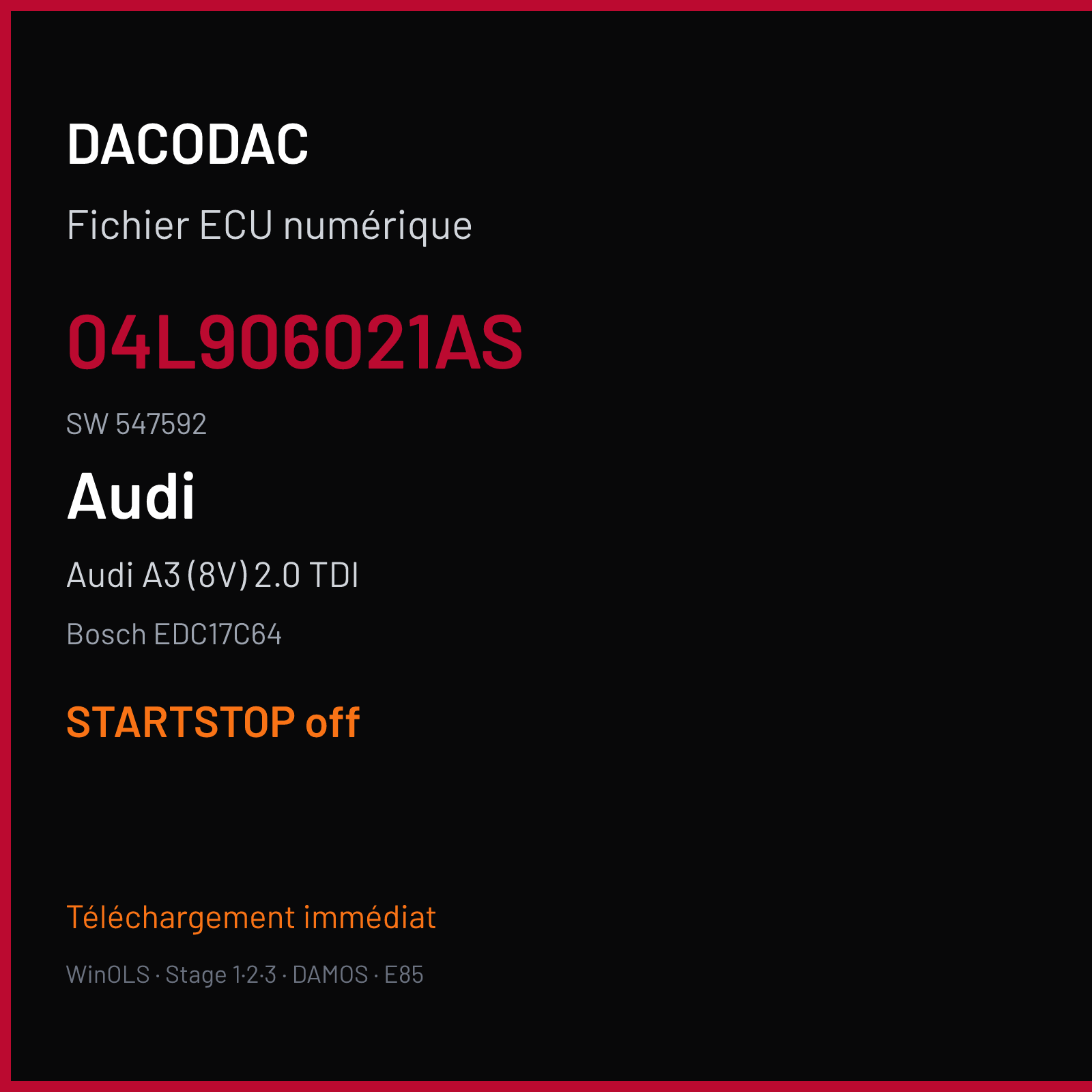 Audi A3 (8V) 2.0 TDI (2015) — Bosch EDC17C64 — 04L906021AS · 547592 — STARTSTOP off