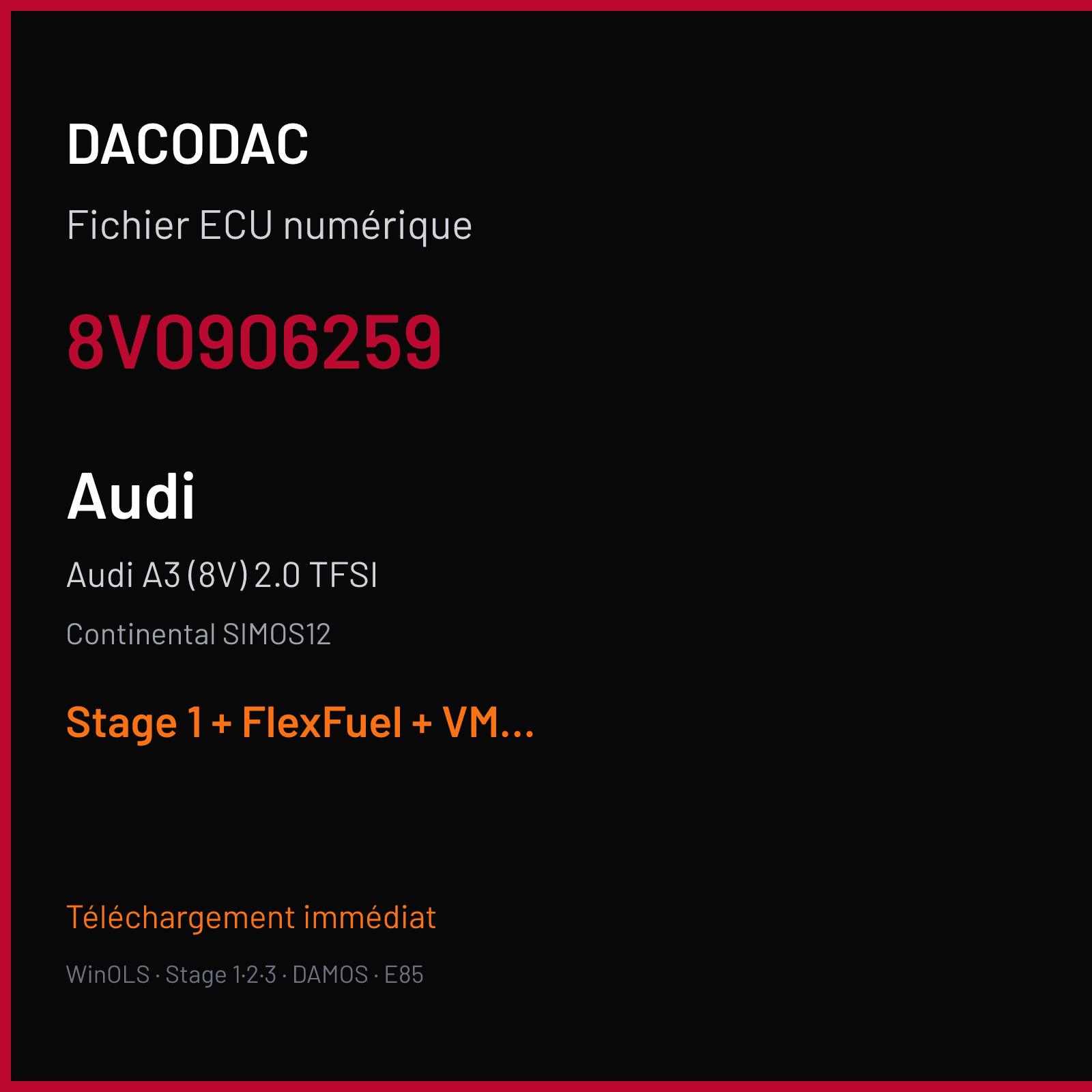 Audi A3 (8V) 2.0 TFSI (2018) — Continental SIMOS12 — 8V0906259 — Stage 1 + FlexFuel + VMAX off