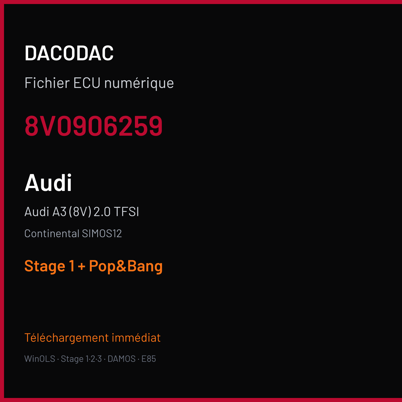 Audi A3 (8V) 2.0 TFSI (2018) — Continental SIMOS12 — 8V0906259 — Stage 1 + Pop&Bang