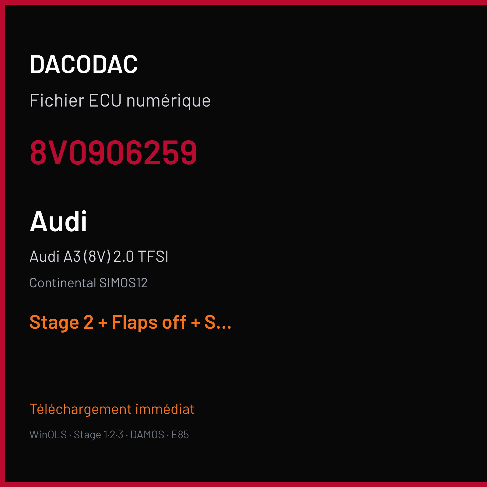 Audi A3 (8V) 2.0 TFSI (2015) — Continental SIMOS12 — 8V0906259 — Stage 2 + Flaps off + SWIRL off