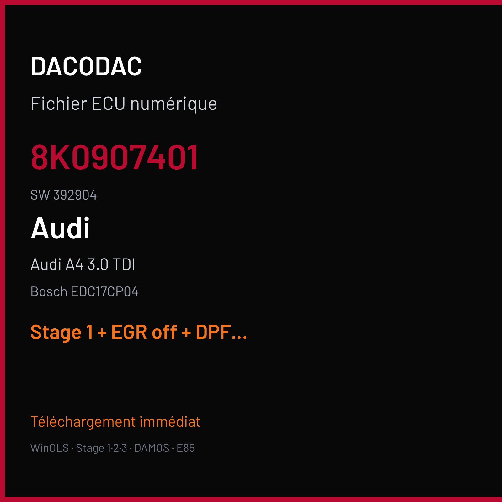 Audi A4 3.0 TDI (2007) — Bosch EDC17CP04 — 8K0907401 · 392904 — Stage 1 + EGR off + DPF off + VMAX off