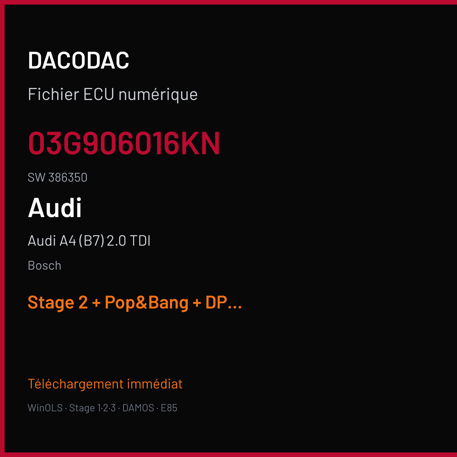 Audi A4 (B7) 2.0 TDI (2007) — Bosch — 03G906016KN · 386350 — Stage 2 + Pop&Bang + DPF off