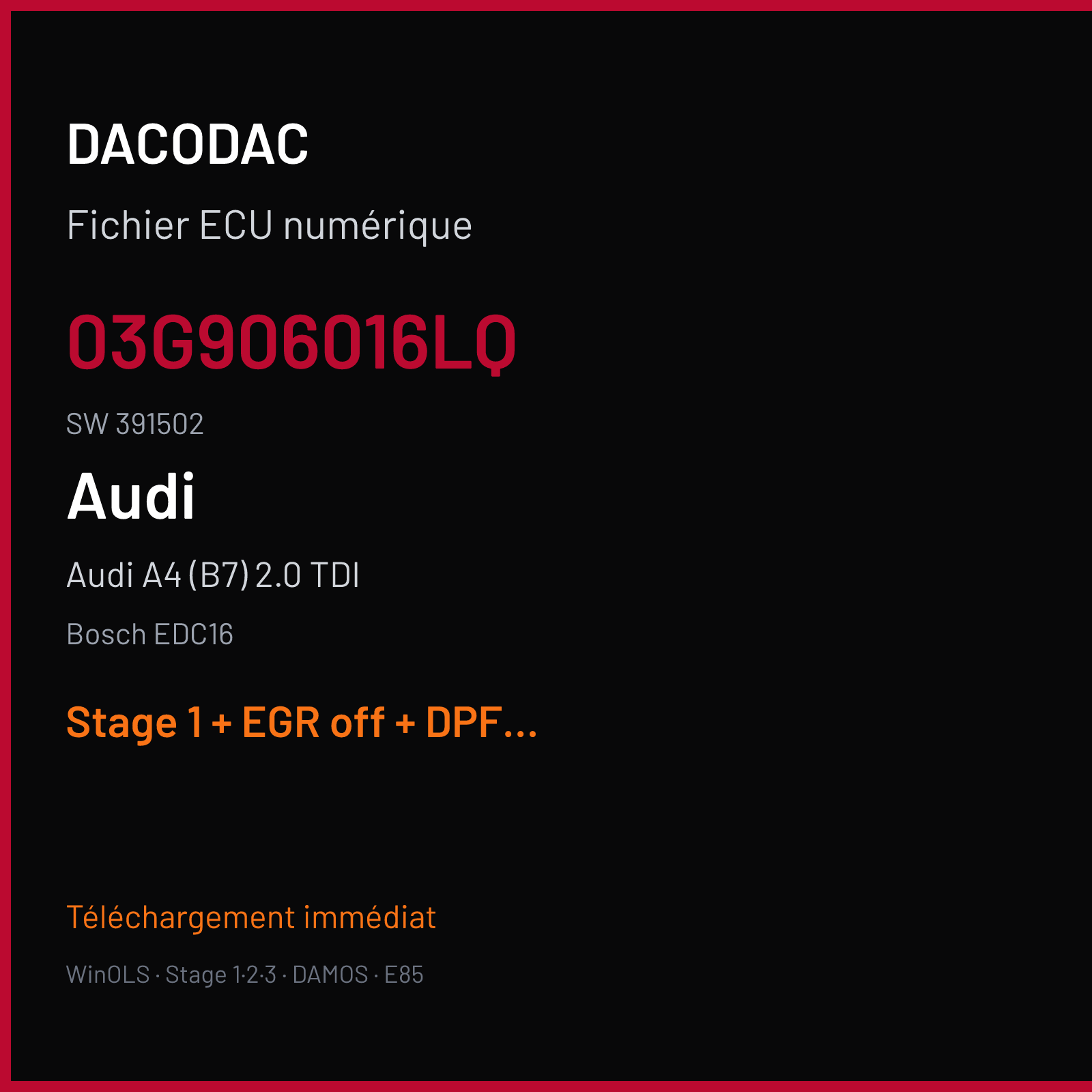 Audi A4 (B7) 2.0 TDI (2007) — Bosch EDC16 — 03G906016LQ · 391502 — Stage 1 + EGR off + DPF off