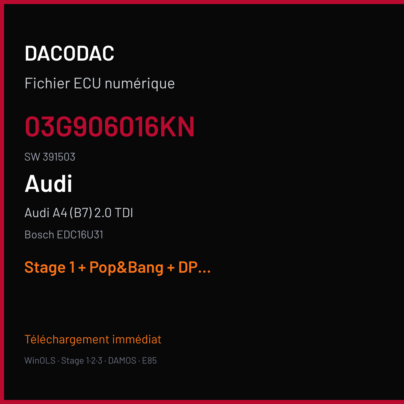 Audi A4 (B7) 2.0 TDI (2007) — Bosch EDC16U31 — 03G906016KN · 391503 — Stage 1 + Pop&Bang + DPF off
