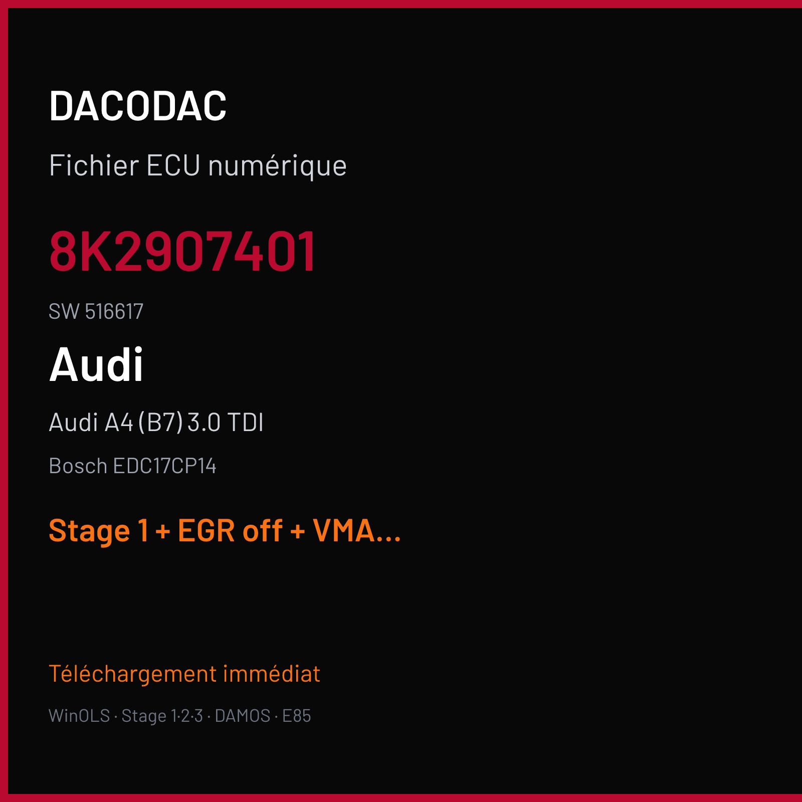 Audi A4 (B7) 3.0 TDI (2009) — Bosch EDC17CP14 — 8K2907401 · 516617 — Stage 1 + EGR off + VMAX off