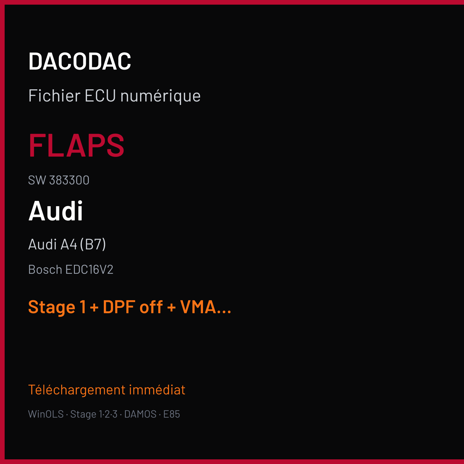 Audi A4 (B7) (2007) — Bosch EDC16V2 — FLAPS · 383300 — Stage 1 + DPF off + VMAX off
