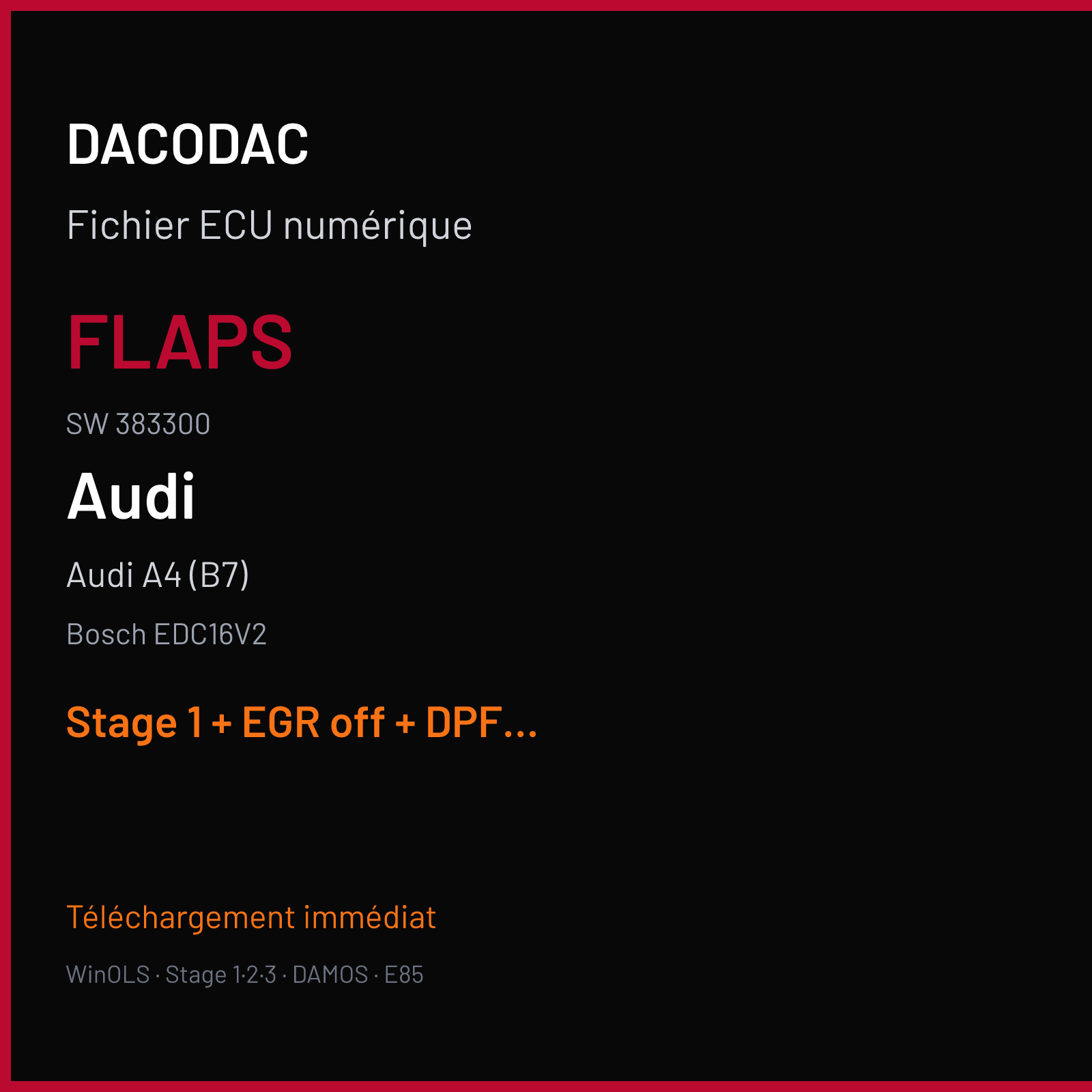 Audi A4 (B7) (2007) — Bosch EDC16V2 — FLAPS · 383300 — Stage 1 + EGR off + DPF off + VMAX off