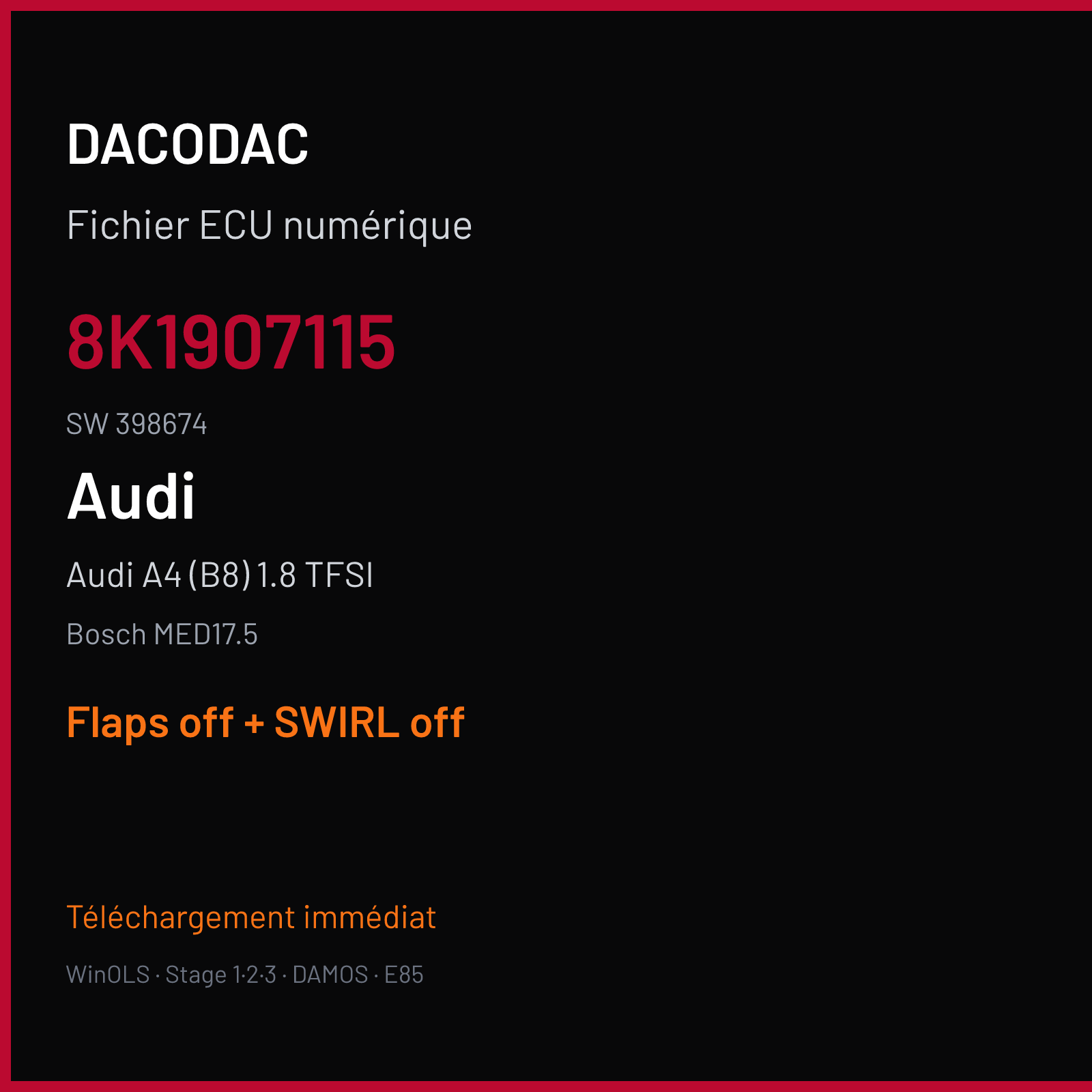 Audi A4 (B8) 1.8 TFSI (2008) — Bosch MED17.5 — 8K1907115 · 398674 — Flaps off + SWIRL off
