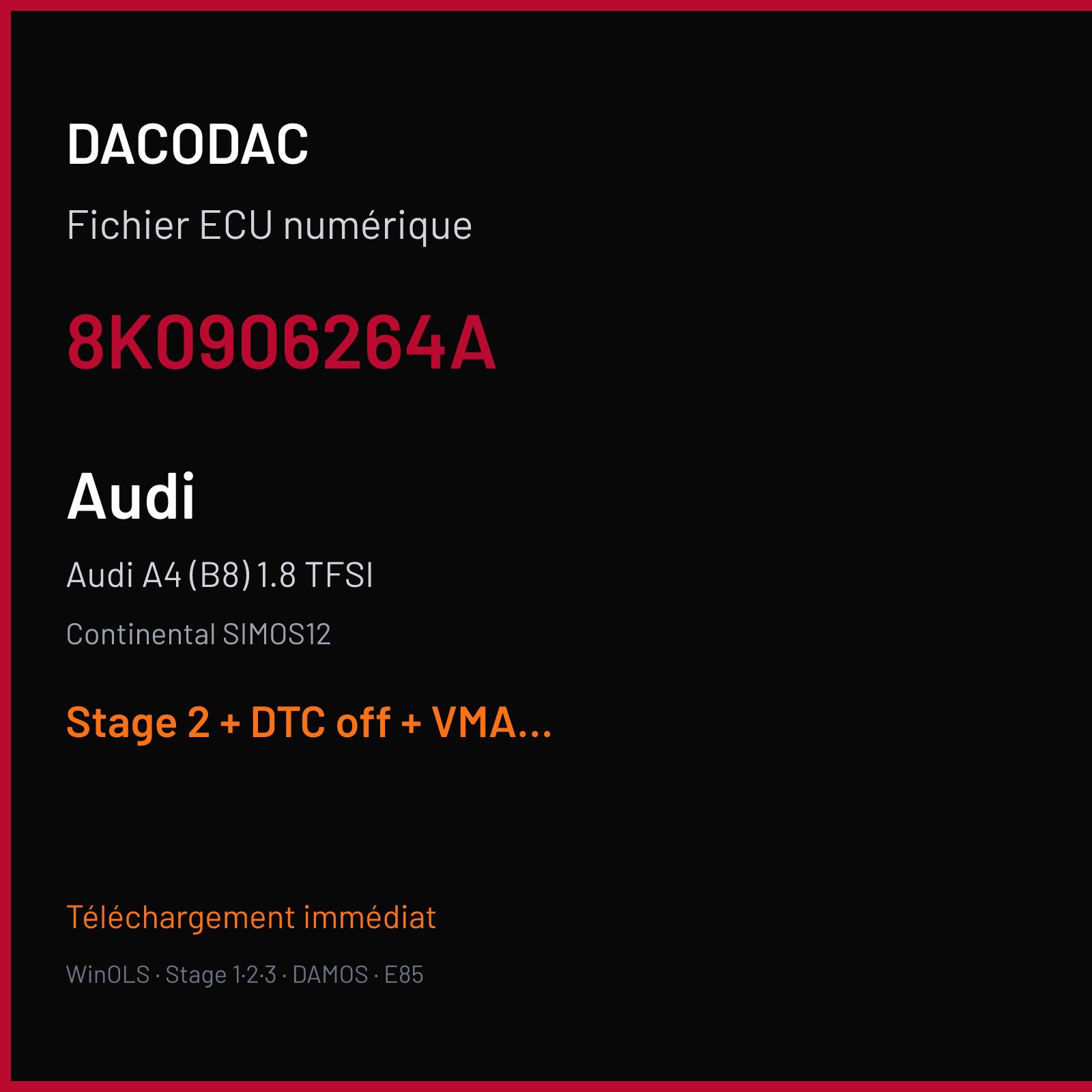 Audi A4 (B8) 1.8 TFSI (2015) — Continental SIMOS12 — 8K0906264A — Stage 2 + DTC off + VMAX off