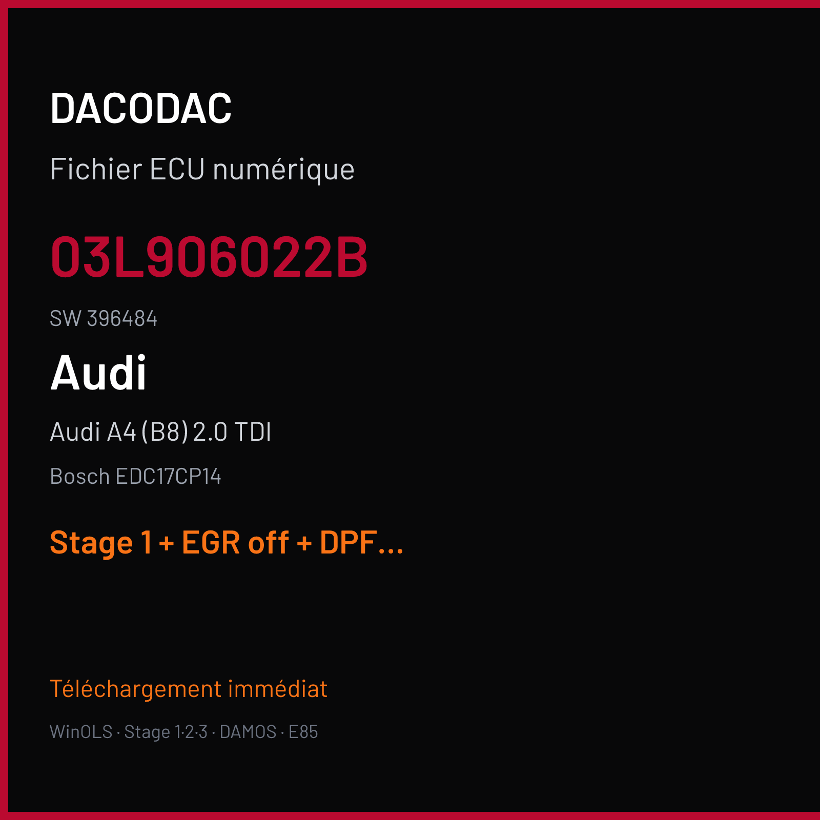 Audi A4 (B8) 2.0 TDI (2008) — Bosch EDC17CP14 — 03L906022B · 396484 — Stage 1 + EGR off + DPF off + DTC off