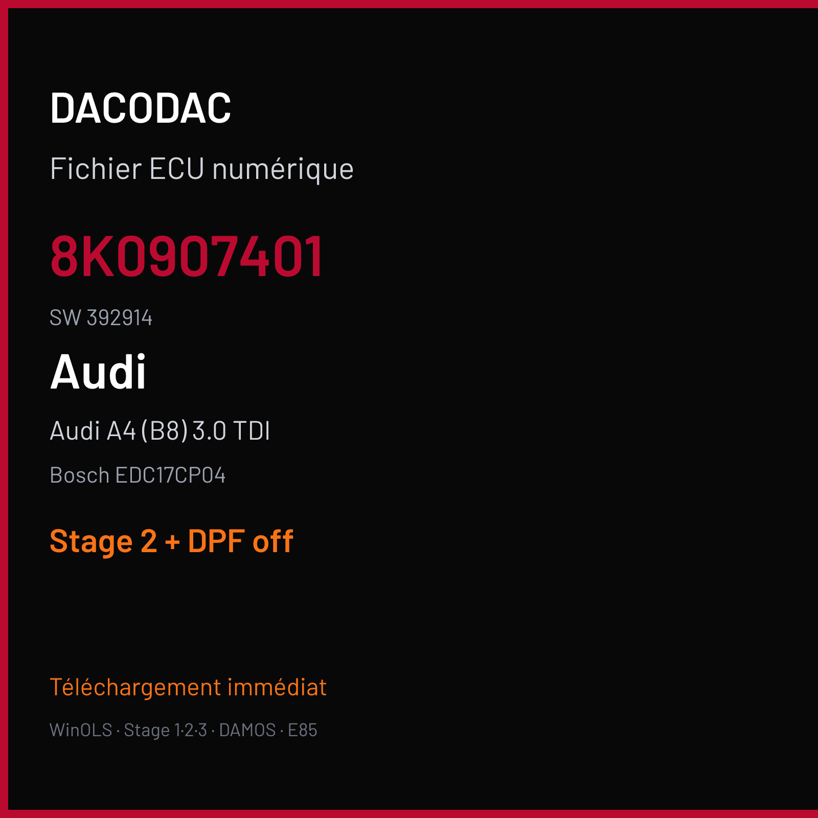 Audi A4 (B8) 3.0 TDI (2008) — Bosch EDC17CP04 — 8K0907401 · 392914 — Stage 2 + DPF off