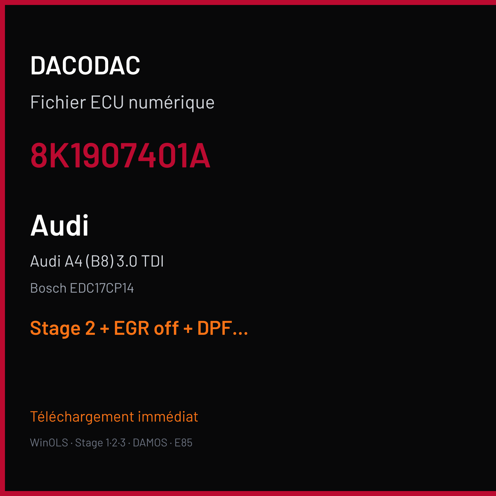 Audi A4 (B8) 3.0 TDI (2008) — Bosch EDC17CP14 — 8K1907401A — Stage 2 + EGR off + DPF off