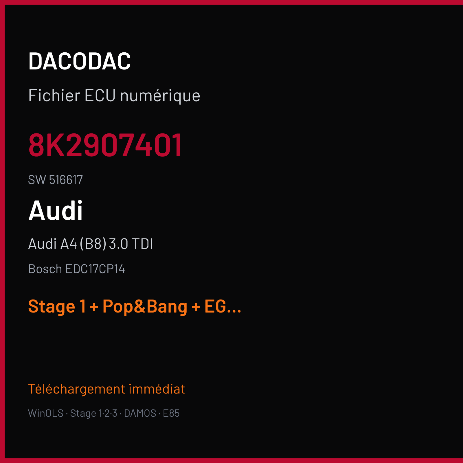 Audi A4 (B8) 3.0 TDI (2011) — Bosch EDC17CP14 — 8K2907401 · 516617 — Stage 1 + Pop&Bang + EGR off + VMAX off