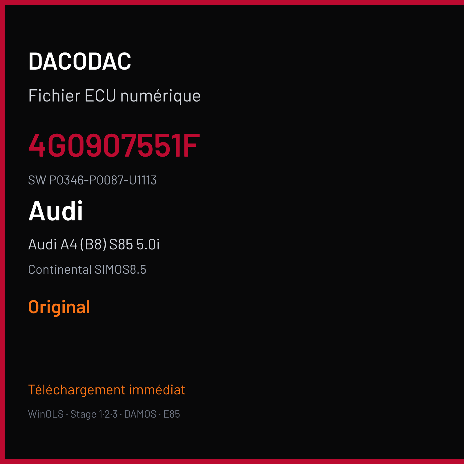 Audi A4 (B8) S85 5.0i — Continental SIMOS8.5 — 4G0907551F · P0346-P0087-U1113 — Original