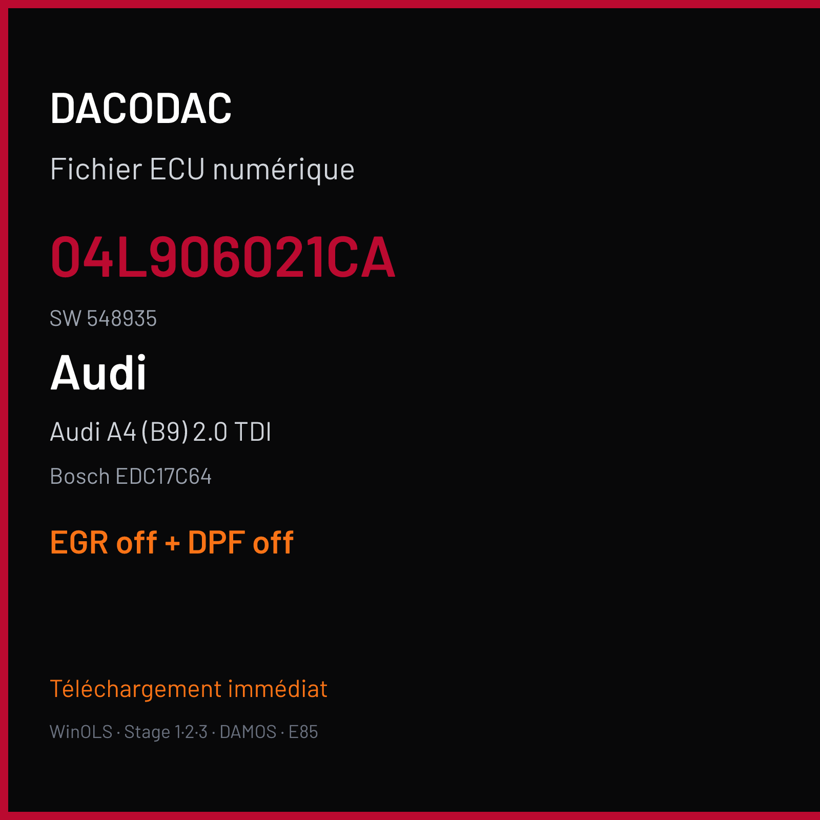 Audi A4 (B9) 2.0 TDI (2015) — Bosch EDC17C64 — 04L906021CA · 548935 — EGR off + DPF off