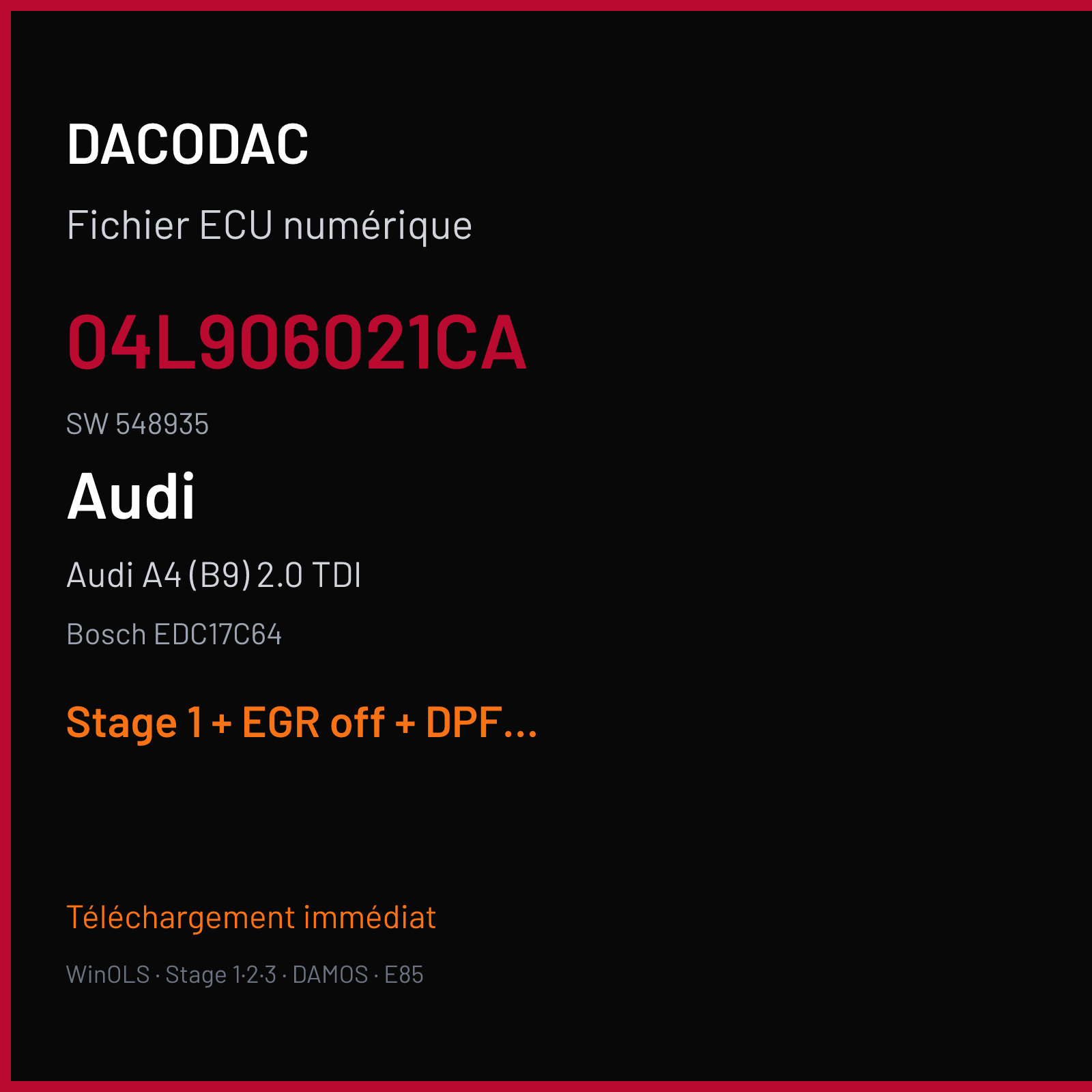 Audi A4 (B9) 2.0 TDI (2015) — Bosch EDC17C64 — 04L906021CA · 548935 — Stage 1 + EGR off + DPF off + ADBLUE off