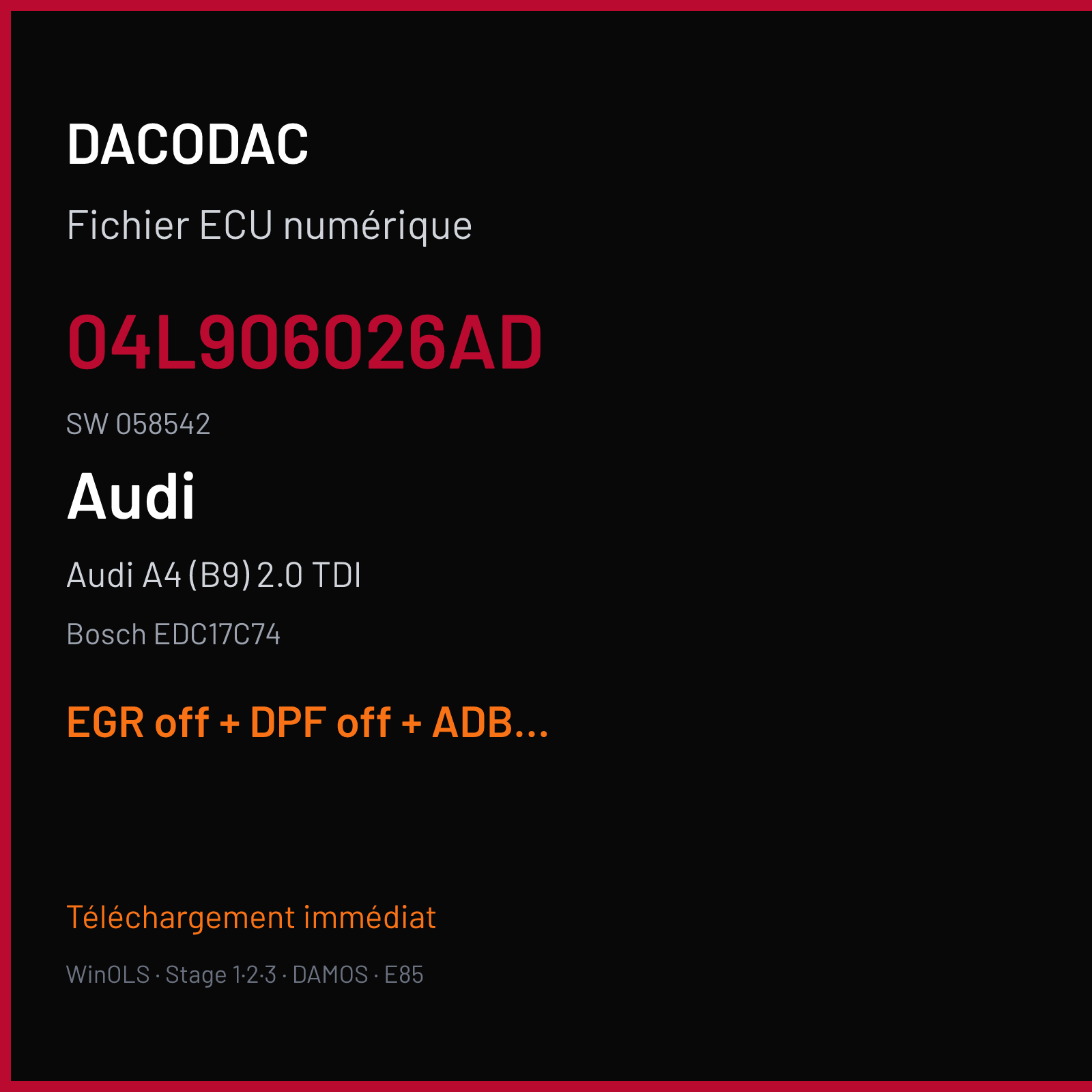 Audi A4 (B9) 2.0 TDI — Bosch EDC17C74 — 04L906026AD · 058542 — EGR off + DPF off + ADBLUE off