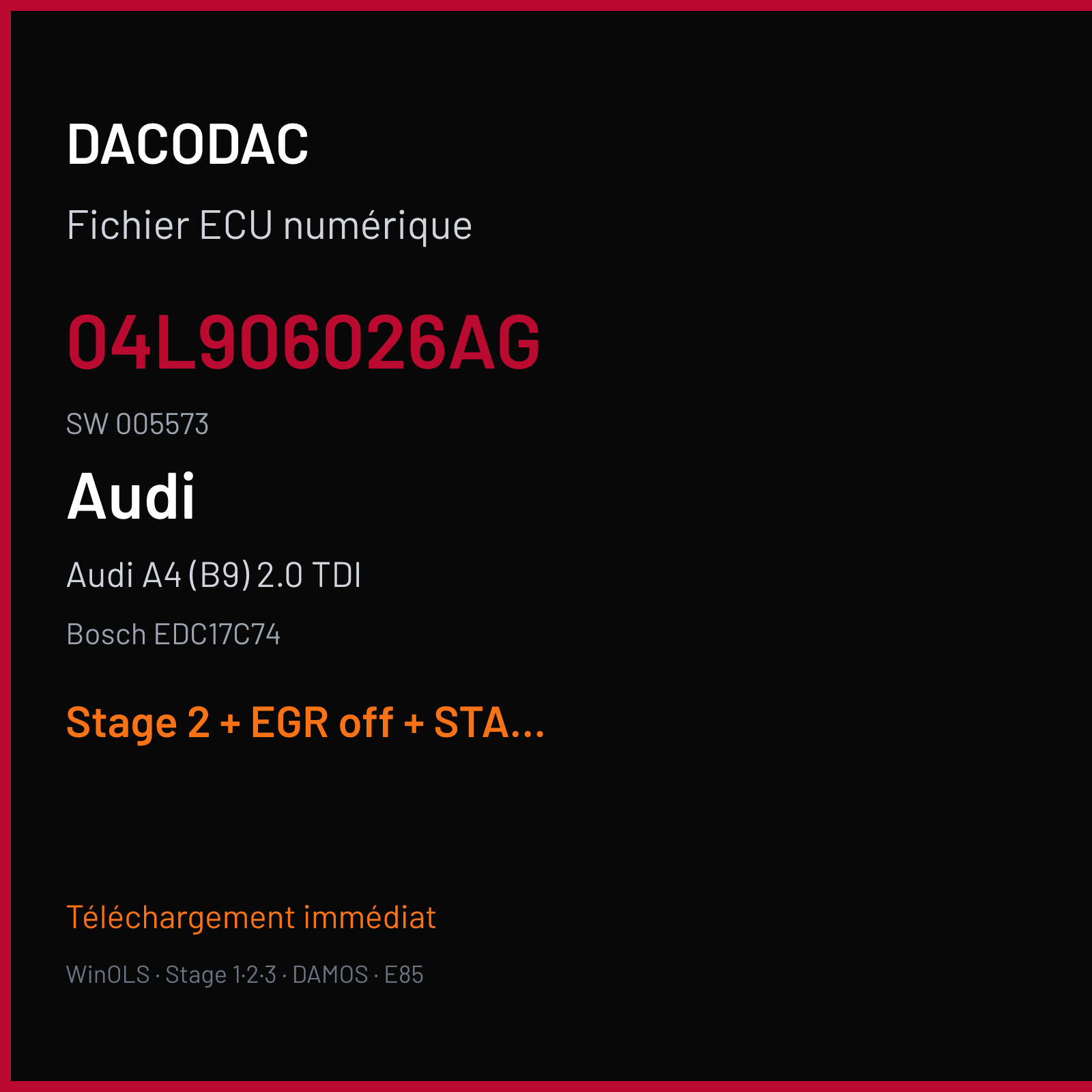 Audi A4 (B9) 2.0 TDI (2016) — Bosch EDC17C74 — 04L906026AG · 005573 — Stage 2 + EGR off + STARTSTOP off