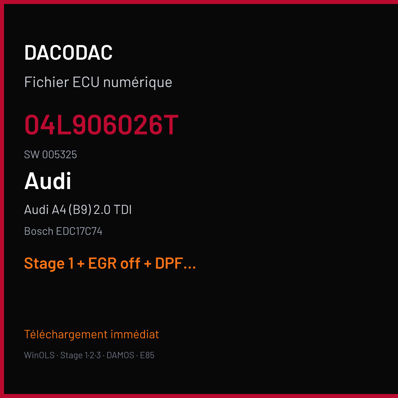 Audi A4 (B9) 2.0 TDI (2016) — Bosch EDC17C74 — 04L906026T · 005325 — Stage 1 + EGR off + DPF off