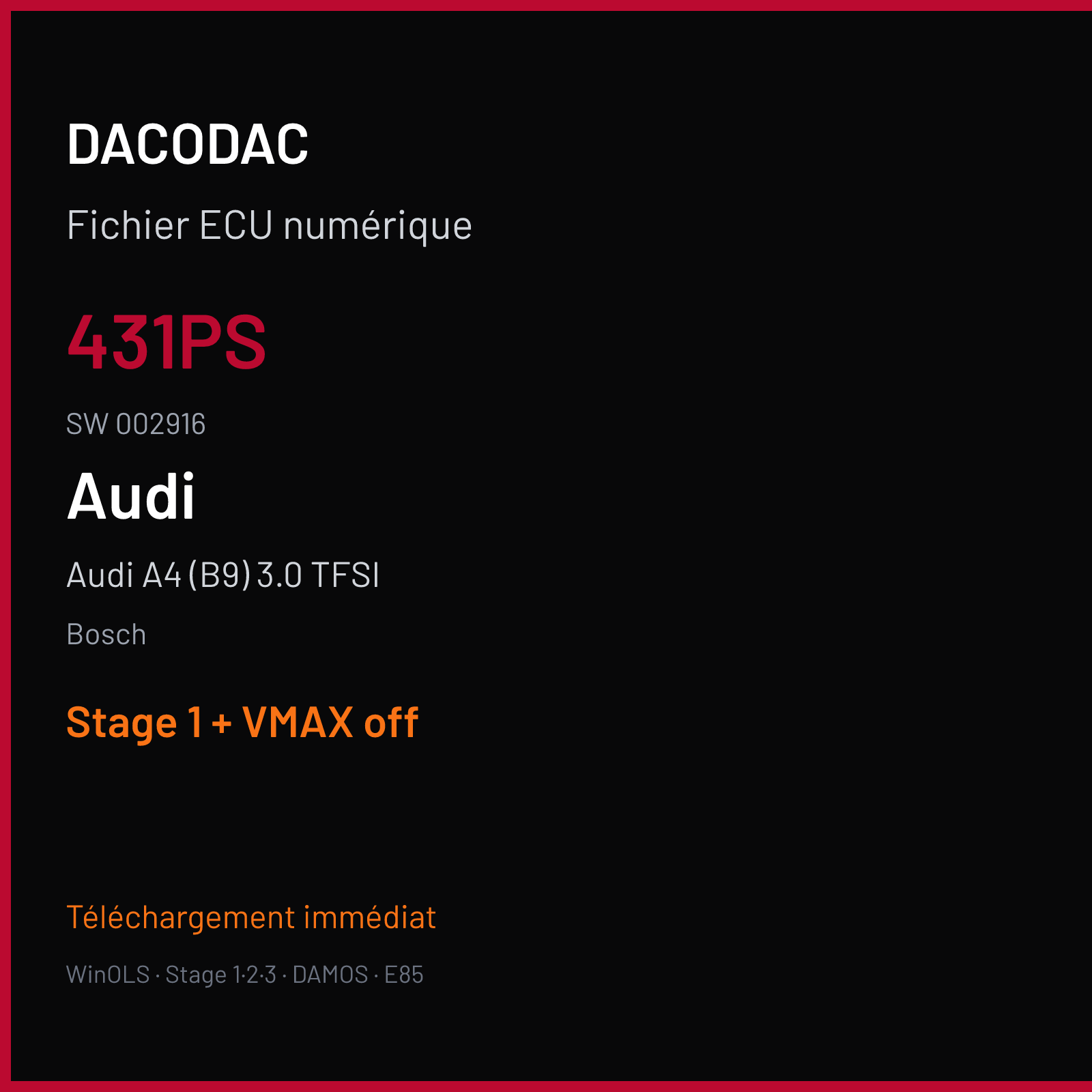 Audi A4 (B9) 3.0 TFSI — Bosch — 431PS · 002916 — Stage 1 + VMAX off