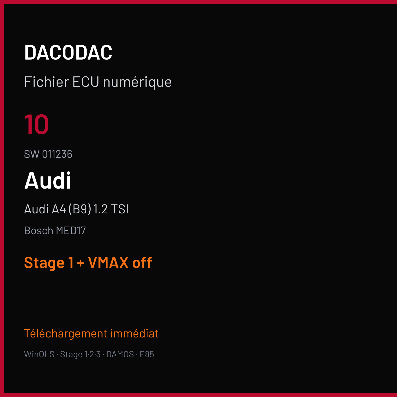 Audi A4 (B9) 1.2 TSI (2015) — Bosch MED17 — 10 · 011236 — Stage 1 + VMAX off