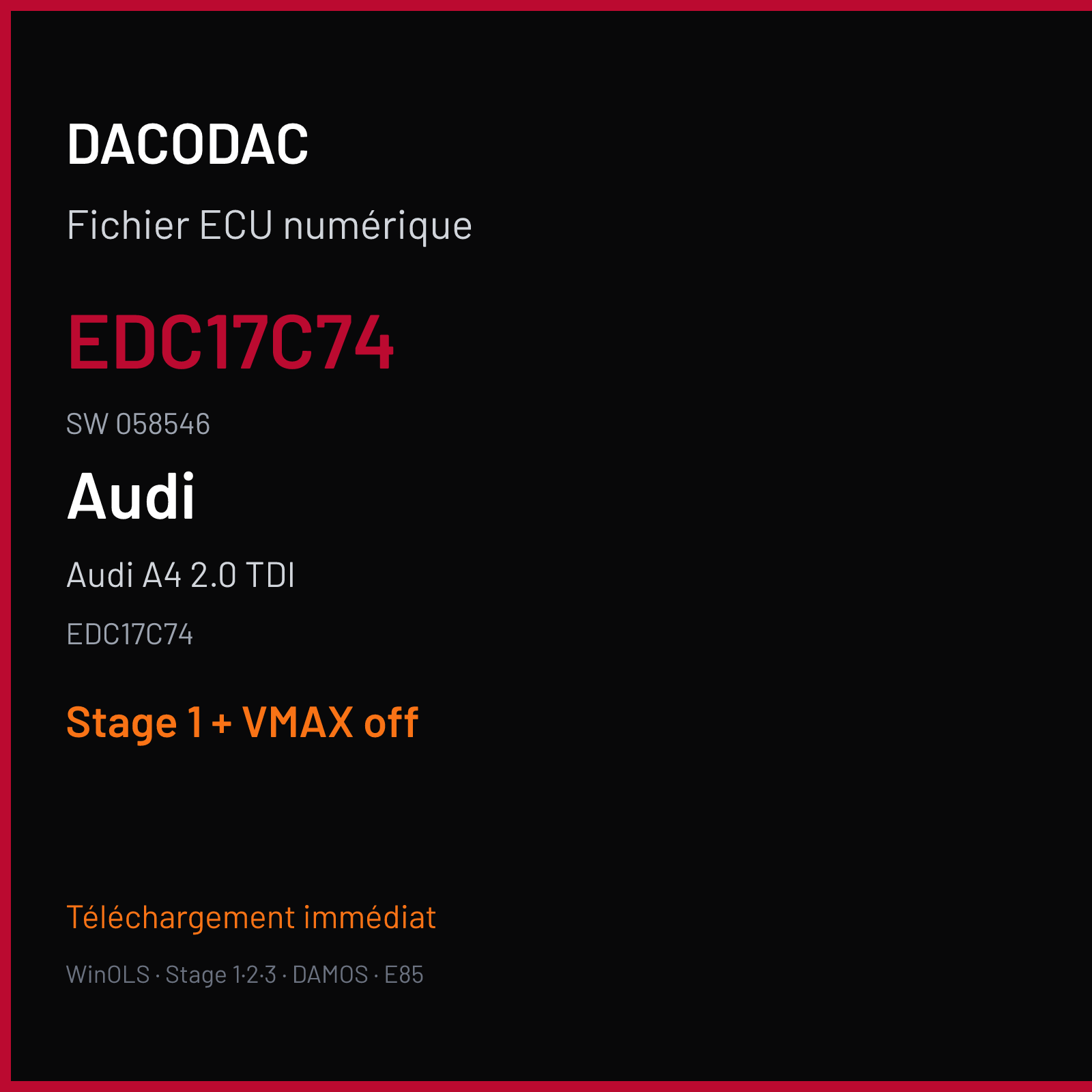 Audi A4 2.0 TDI (2016) — EDC17C74 — EDC17C74 · 058546 — Stage 1 + VMAX off