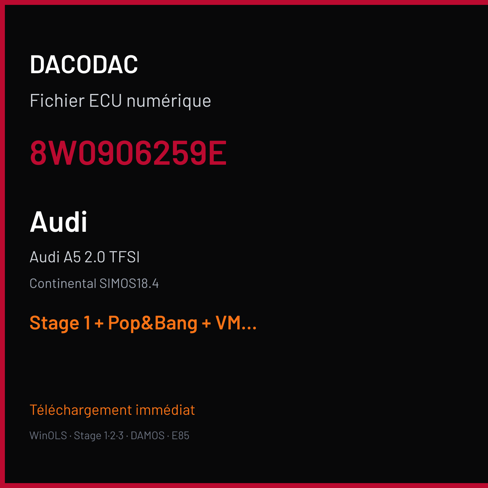 Audi A5 2.0 TFSI (2017) — Continental SIMOS18.4 — 8W0906259E — Stage 1 + Pop&Bang + VMAX off