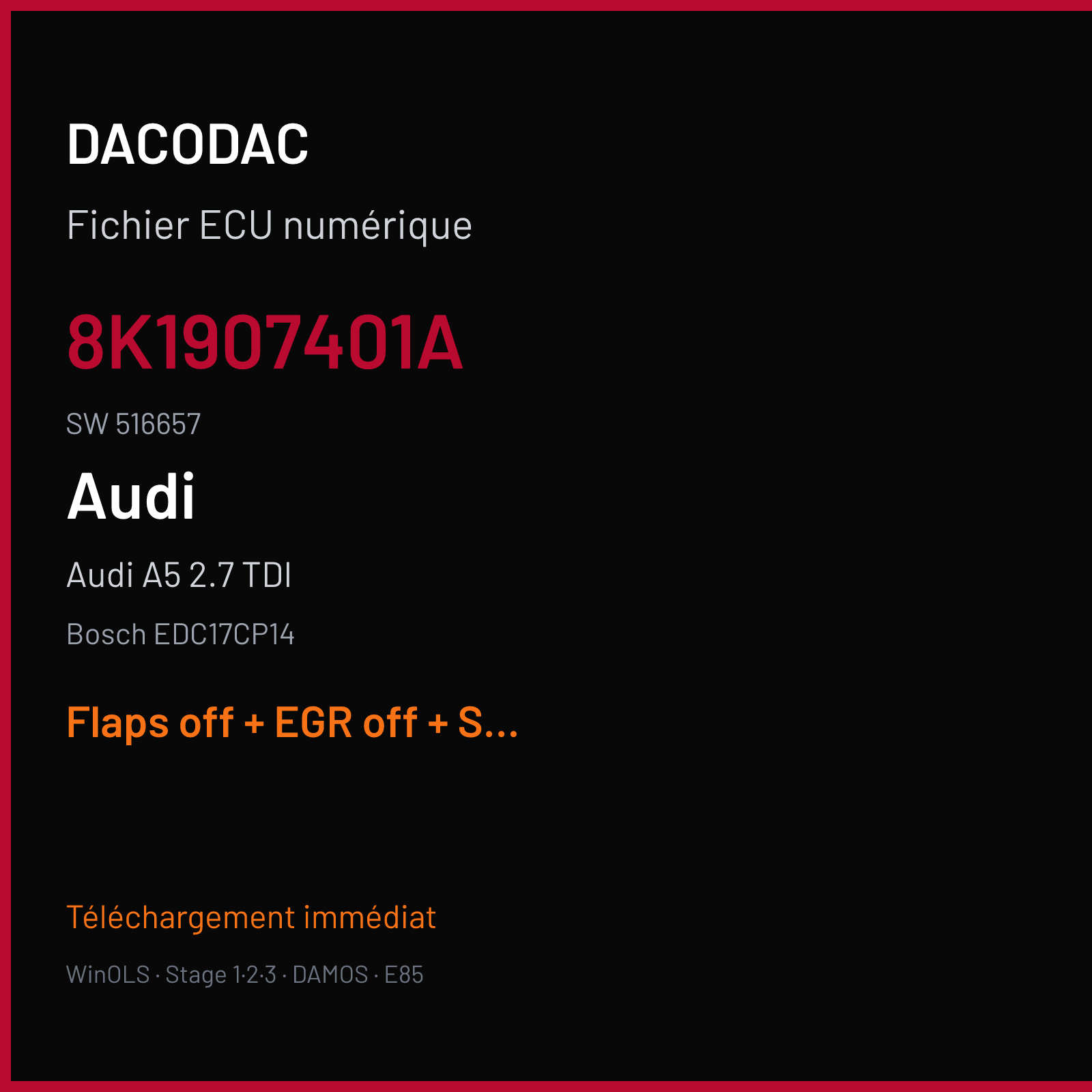 Audi A5 2.7 TDI (2009) — Bosch EDC17CP14 — 8K1907401A · 516657 — Flaps off + EGR off + SWIRL off