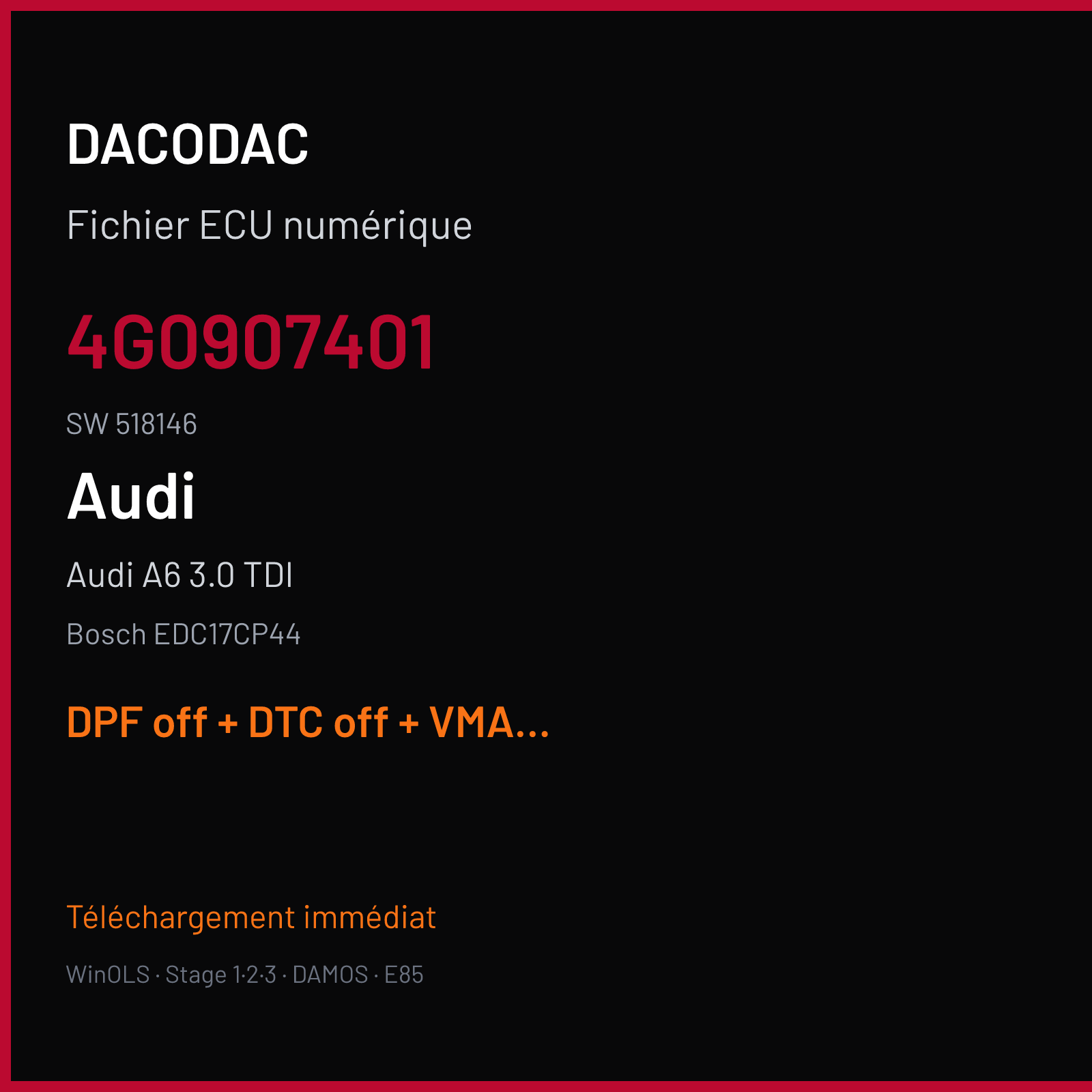 Audi A6 3.0 TDI (2012) — Bosch EDC17CP44 — 4G0907401 · 518146 — DPF off + DTC off + VMAX off + STARTSTOP off
