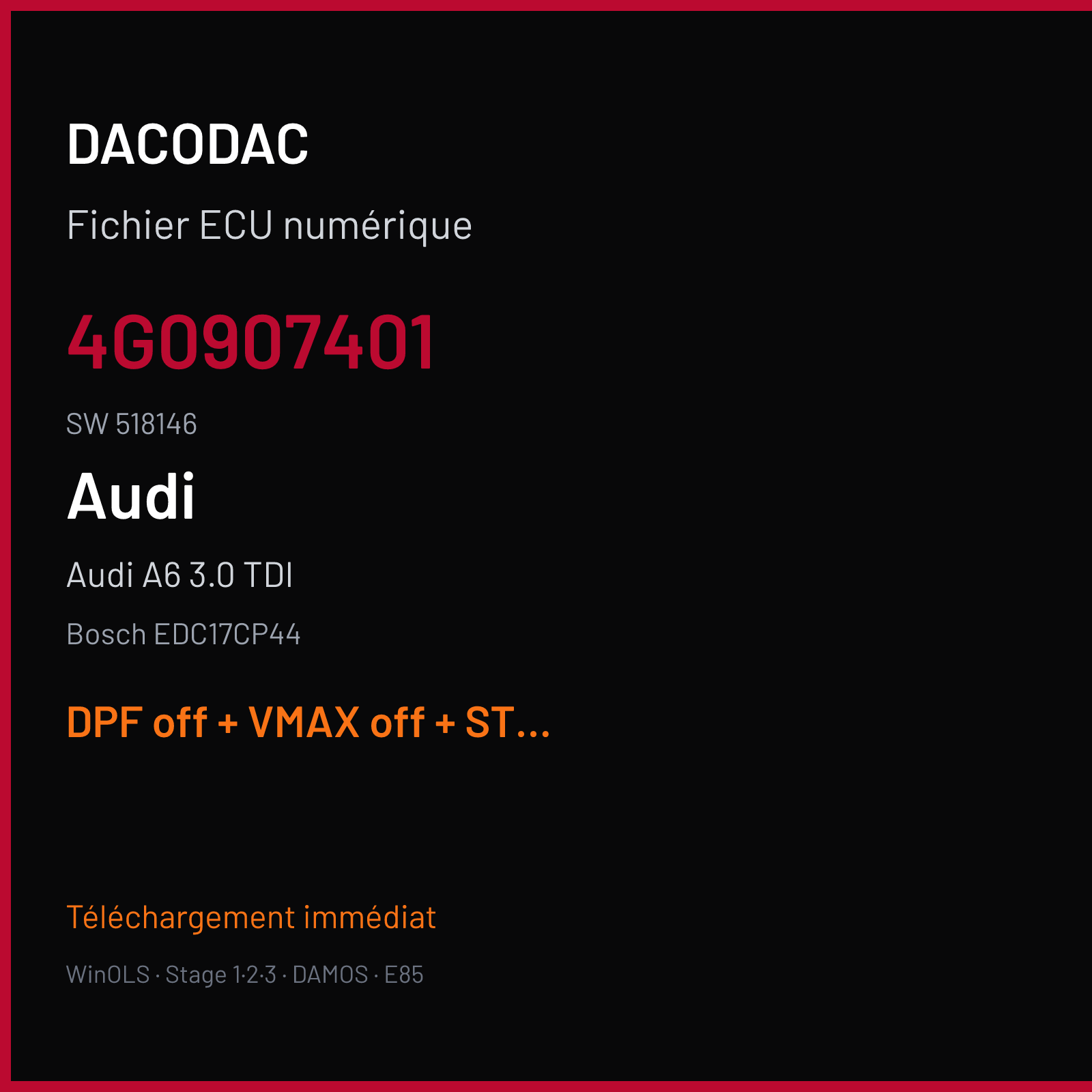 Audi A6 3.0 TDI (2012) — Bosch EDC17CP44 — 4G0907401 · 518146 — DPF off + VMAX off + STARTSTOP off