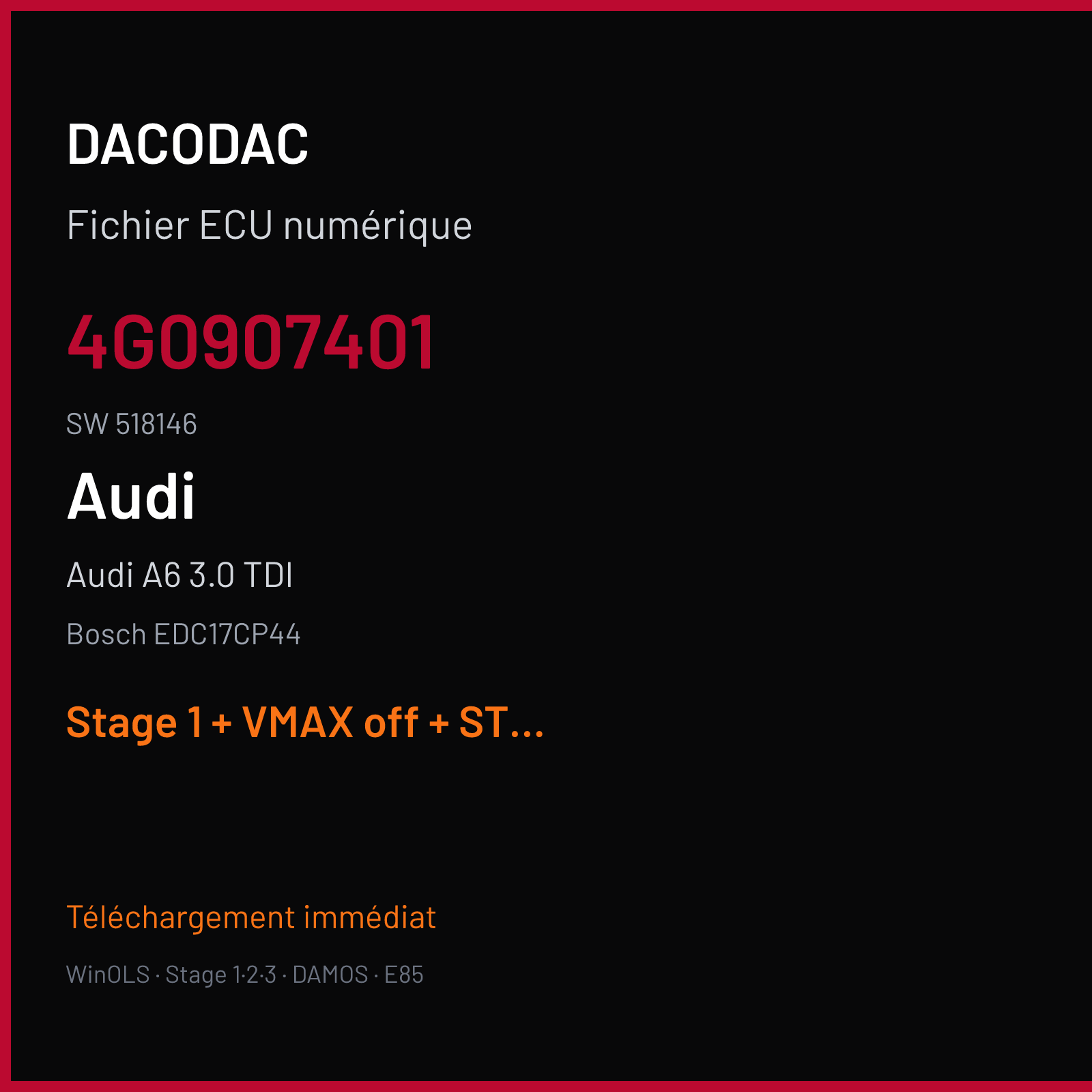 Audi A6 3.0 TDI (2012) — Bosch EDC17CP44 — 4G0907401 · 518146 — Stage 1 + VMAX off + STARTSTOP off