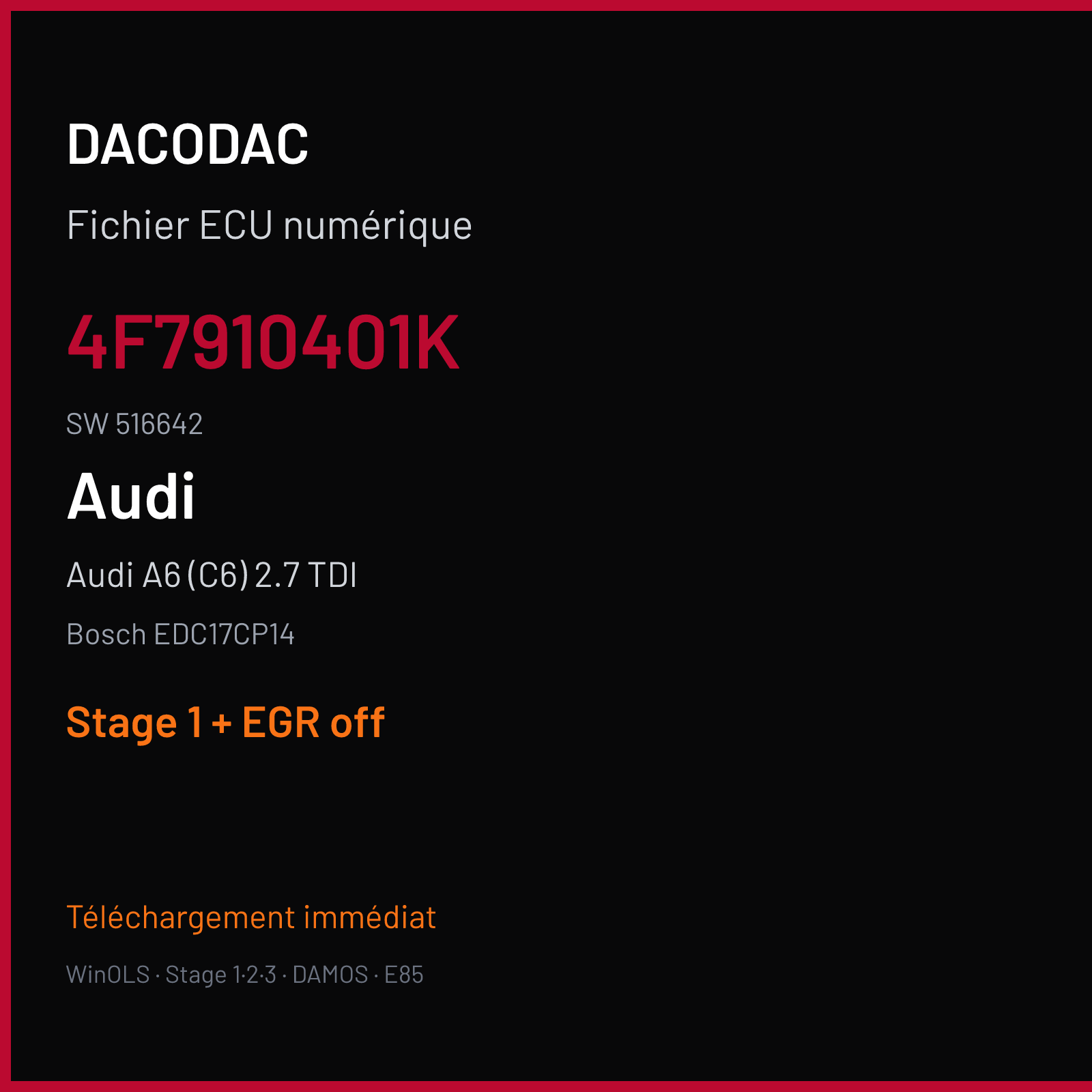 Audi A6 (C6) 2.7 TDI (2009) — Bosch EDC17CP14 — 4F7910401K · 516642 — Stage 1 + EGR off